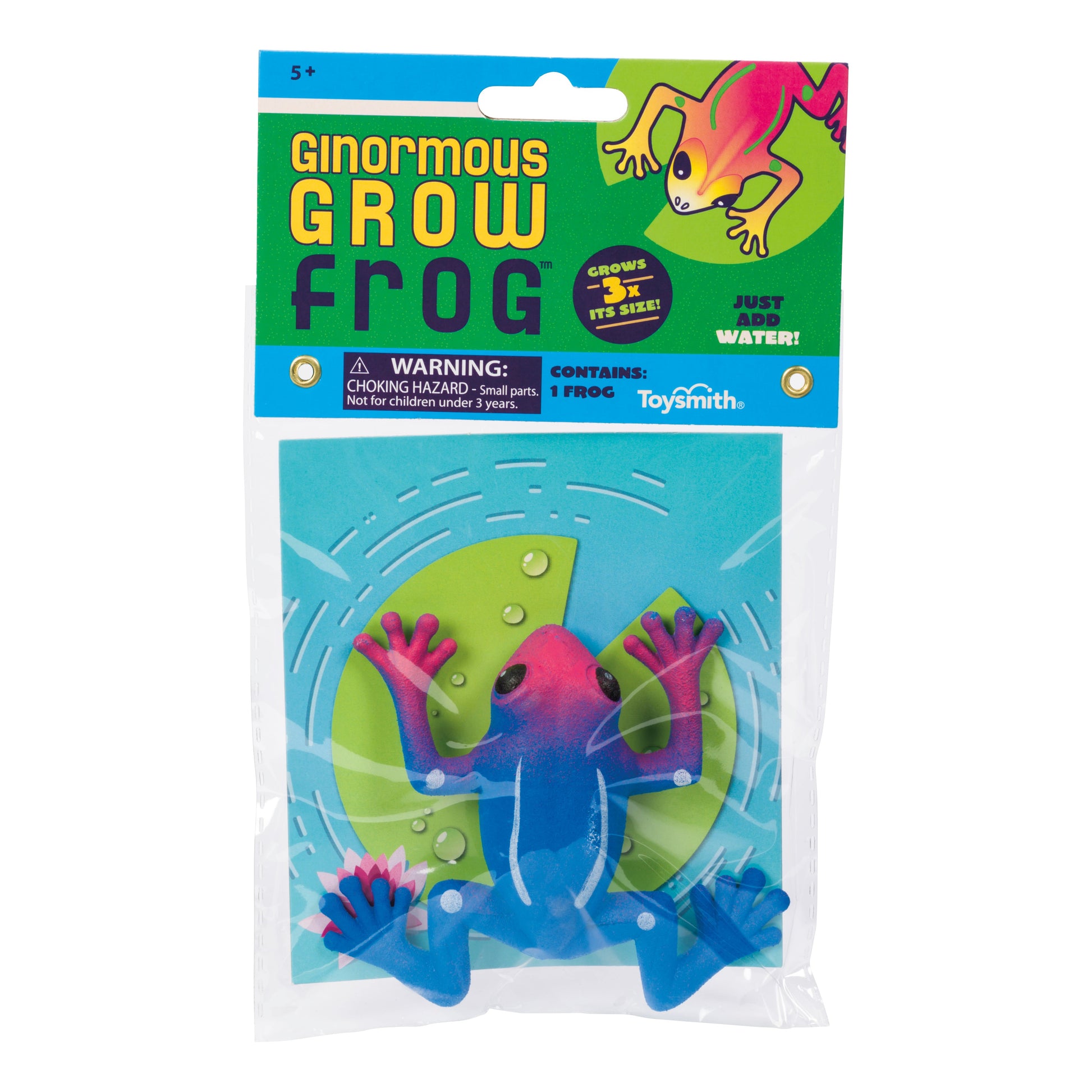 The Toysmith Ginormous Grow Frog is a fun grow toy for ages 5+, featuring a colorful pink, purple, and blue frog that expands up to 7 times its size in water. The package displays the Toysmith brand name.