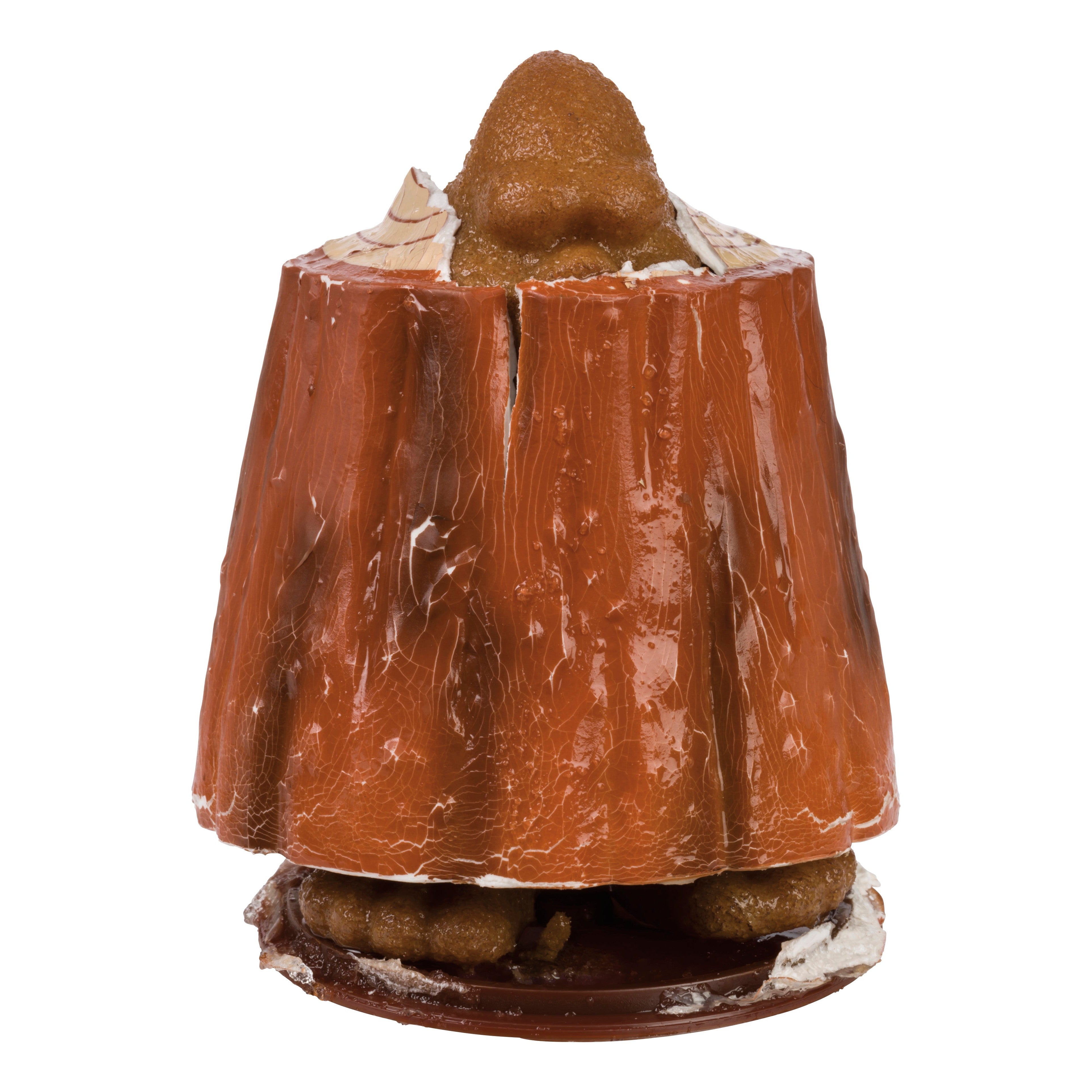 A tree stump cake with a realistic nose on top, pastries at the base, and the Toysmith Grow Bigfoot toy from Toysmith for a whimsical touch, all set against a white background.