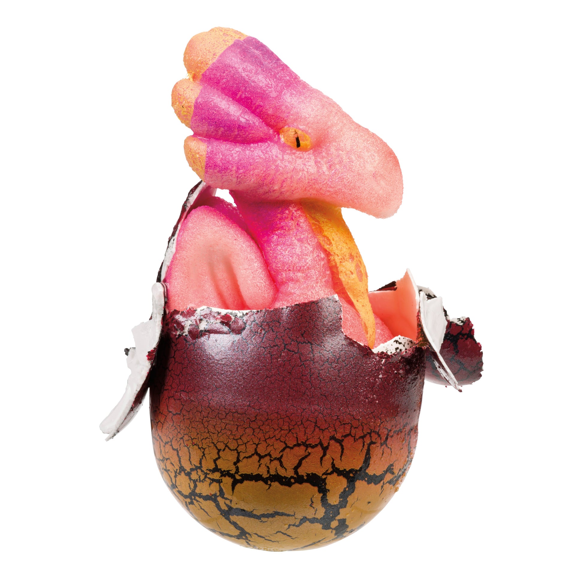 The Toysmith Ginormous Hatchin' Grow Dragon features a pink and orange dragon hatching from a cracked brown and red shell, set against a white background, showcasing the magical fun of Toysmith.