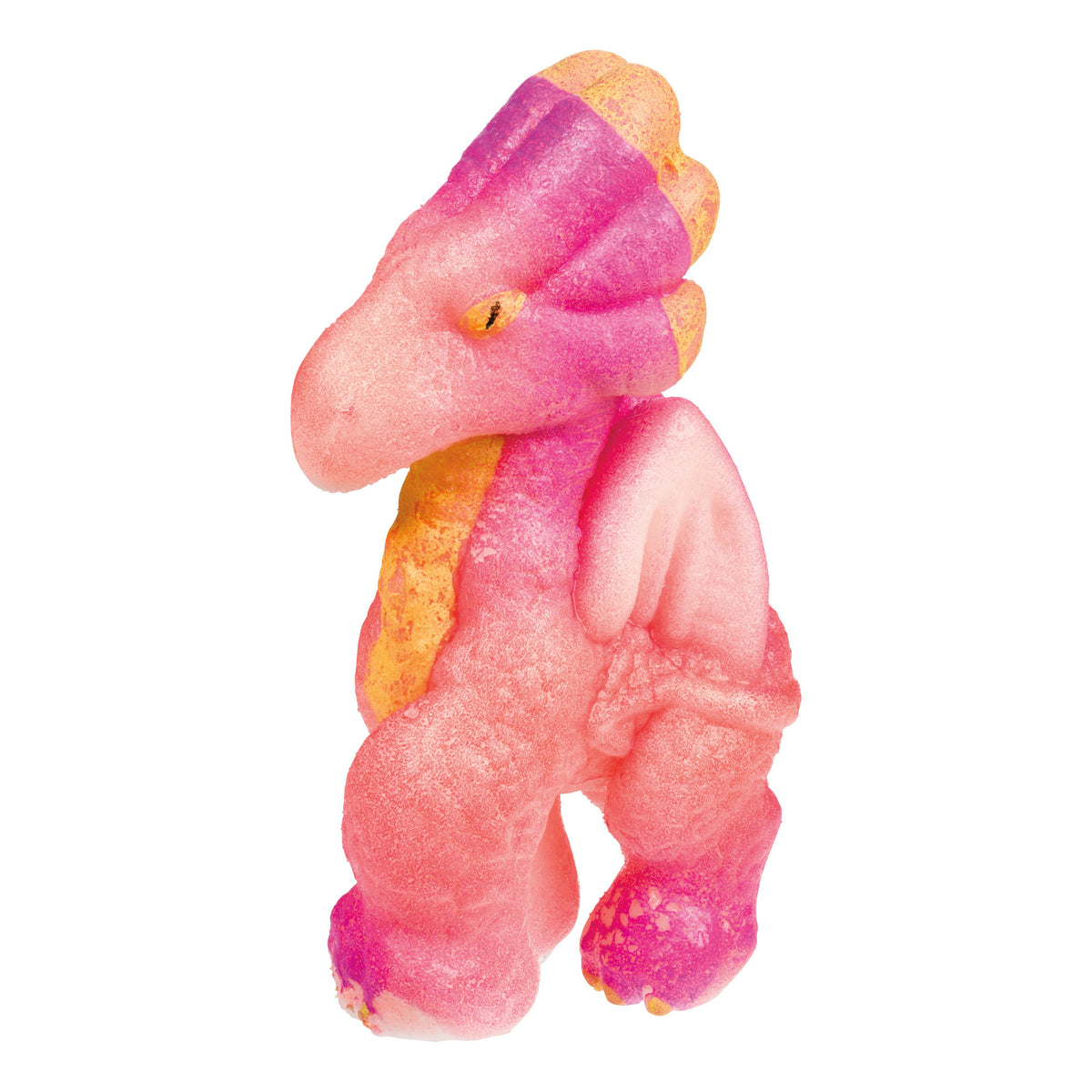 A brightly colored pink and orange gummy candy shaped like a dinosaur with small wings, resembling the Toysmith Ginormous Hatchin' Grow Dragon by Toysmith, stands upright on a white background.