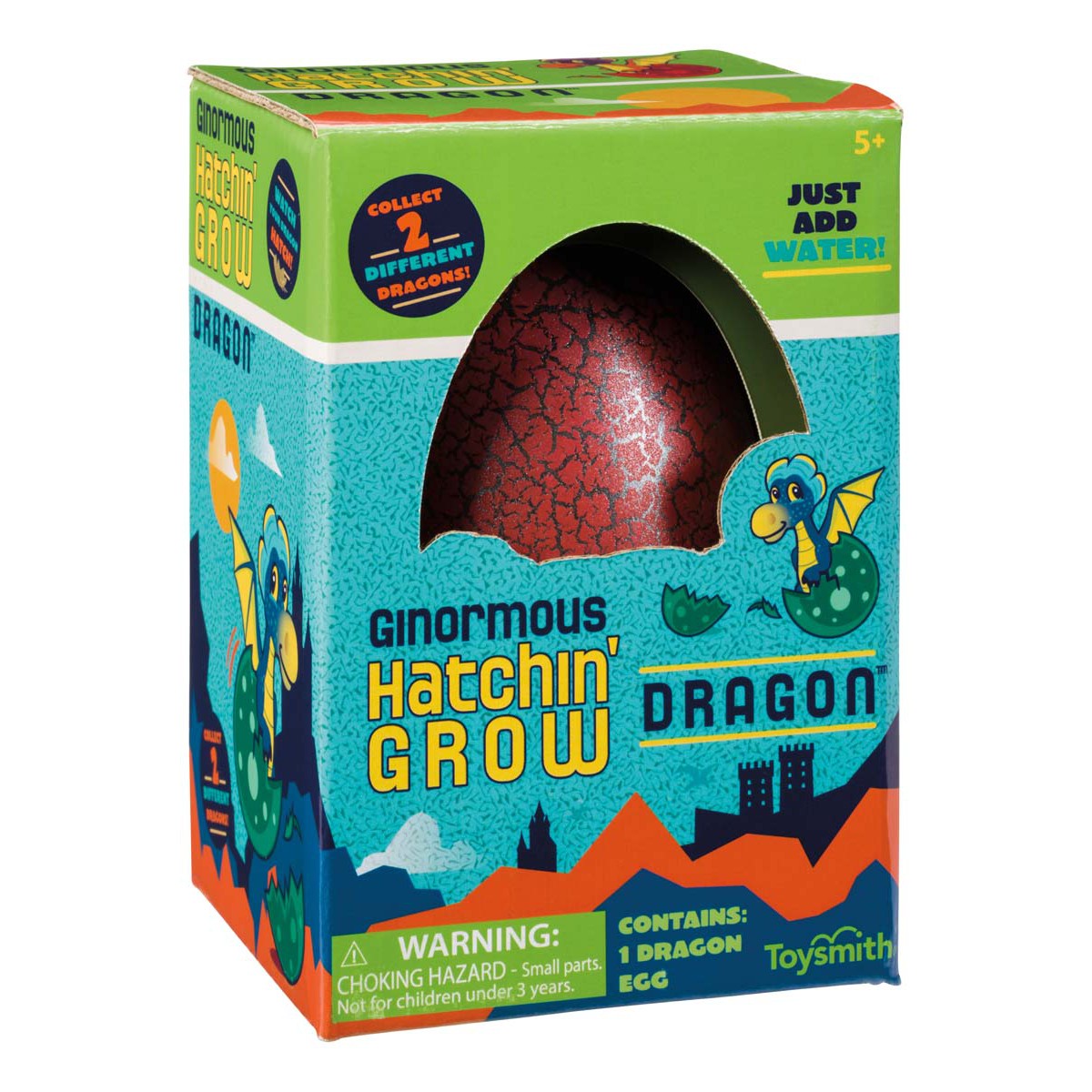 A colorful Toysmith Ginormous Hatchin' Grow Dragon box features a large red dragon egg. The image shows a dragon with text "Just add water!" Contains 1 grow dragon egg. Suitable for ages 5+.