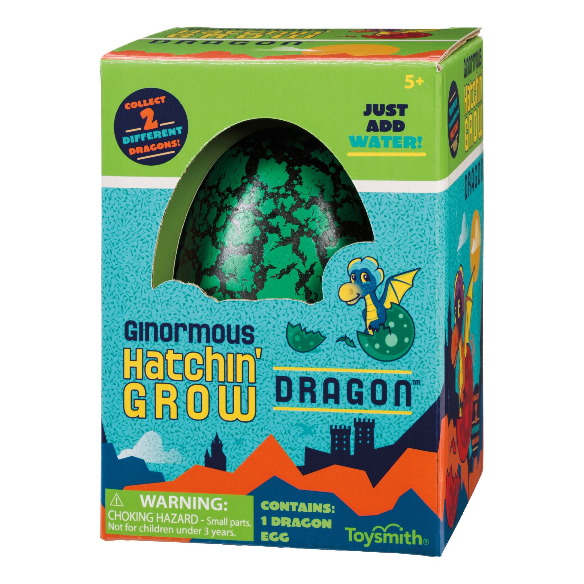 The Toysmith Ginormous Hatchin' Grow Dragon toy box shows a dragon egg through a window, features a cartoon dragon, and says “Just Add Water!” Contains 1 Hatchin’ Grow Dragon Egg. For ages 5+. From Toysmith.