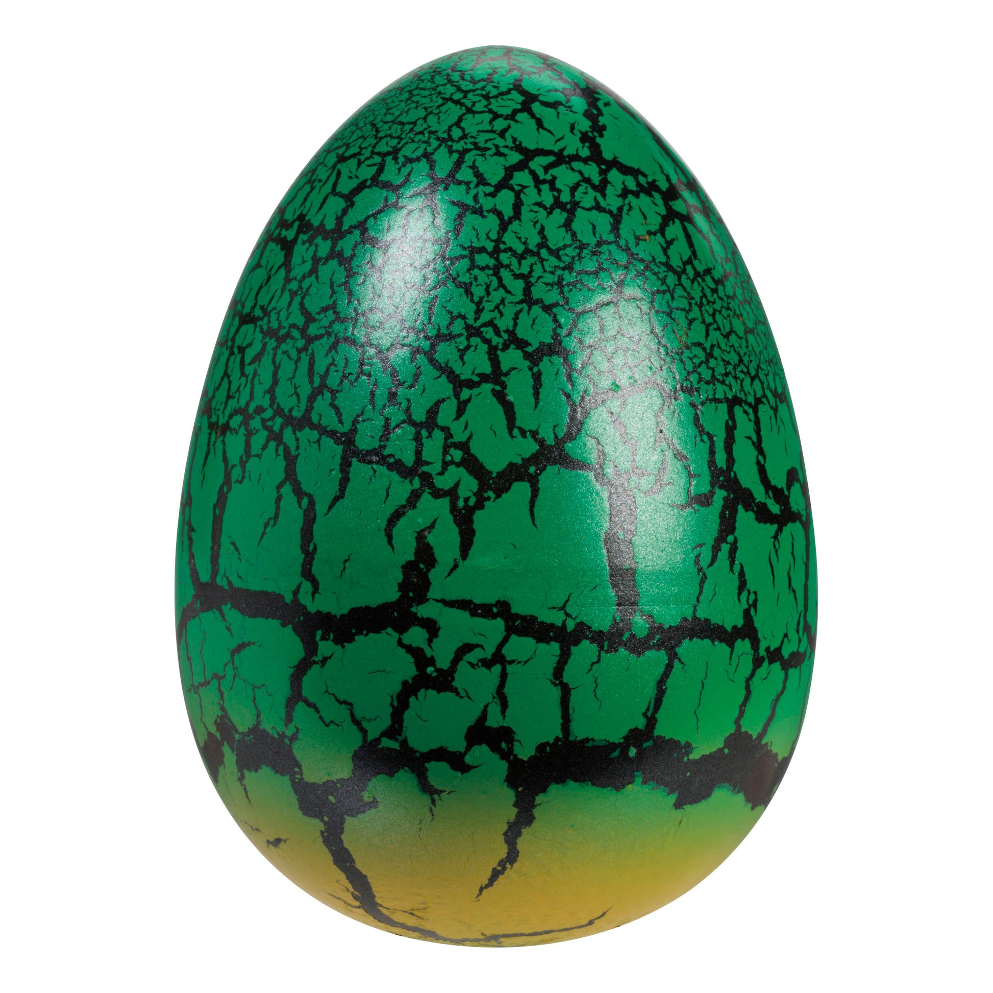 A Toysmith Ginormous Hatchin' Grow Dragon Egg features a green shell with black crackle patterns and a yellow gradient at the bottom, showcased against a white background.