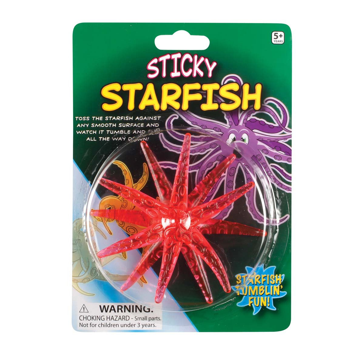 The Toysmith Sticky Starfish by Toysmith features a red, non-toxic plastic starfish inside illustrated packaging. It highlights wall-tumbling action and warns about small parts not suitable for children under 3.