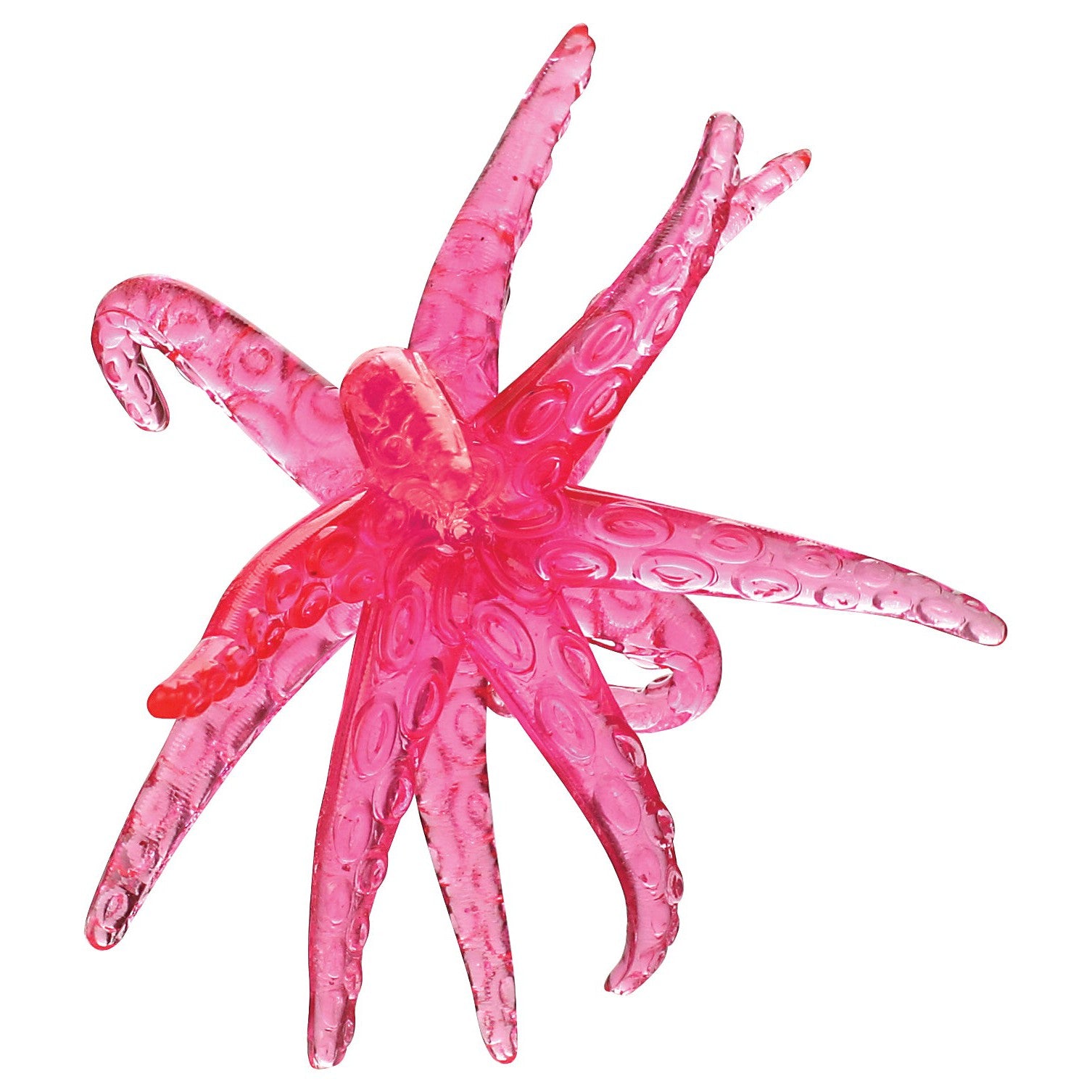 The Toysmith Sticky Starfish by Toysmith is a translucent pink plastic toy shaped like a starfish with five arms and suction cup-like details, made from non-toxic plastic and shown on a white background.
