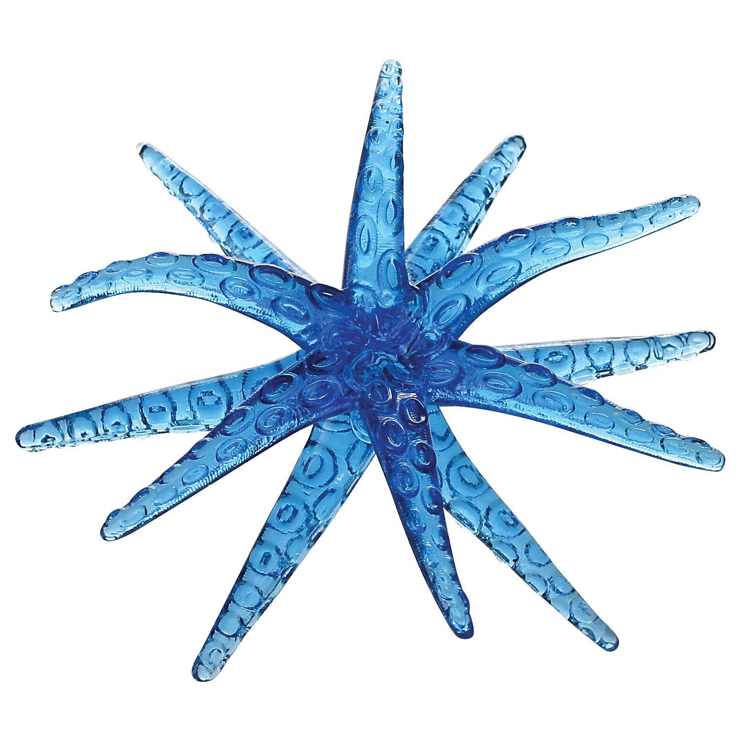 The Toysmith Sticky Starfish by Toysmith is a blue, non-toxic plastic toy with ten textured wavy arms, designed as a wall tumbler and shown against a white background.