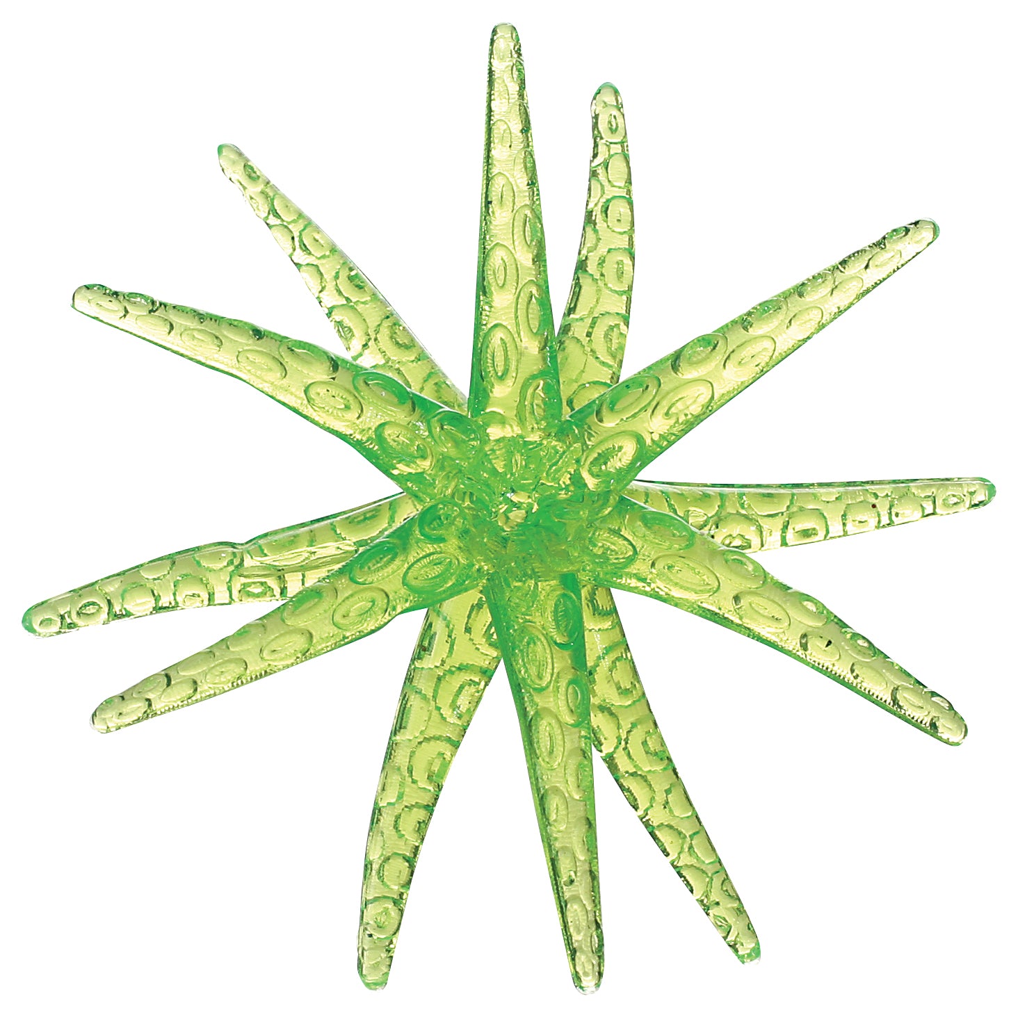 The Toysmith Sticky Starfish by Toysmith is a green, translucent toy made of non-toxic plastic, featuring ten long, textured arms radiating from the center and shown on a white background.