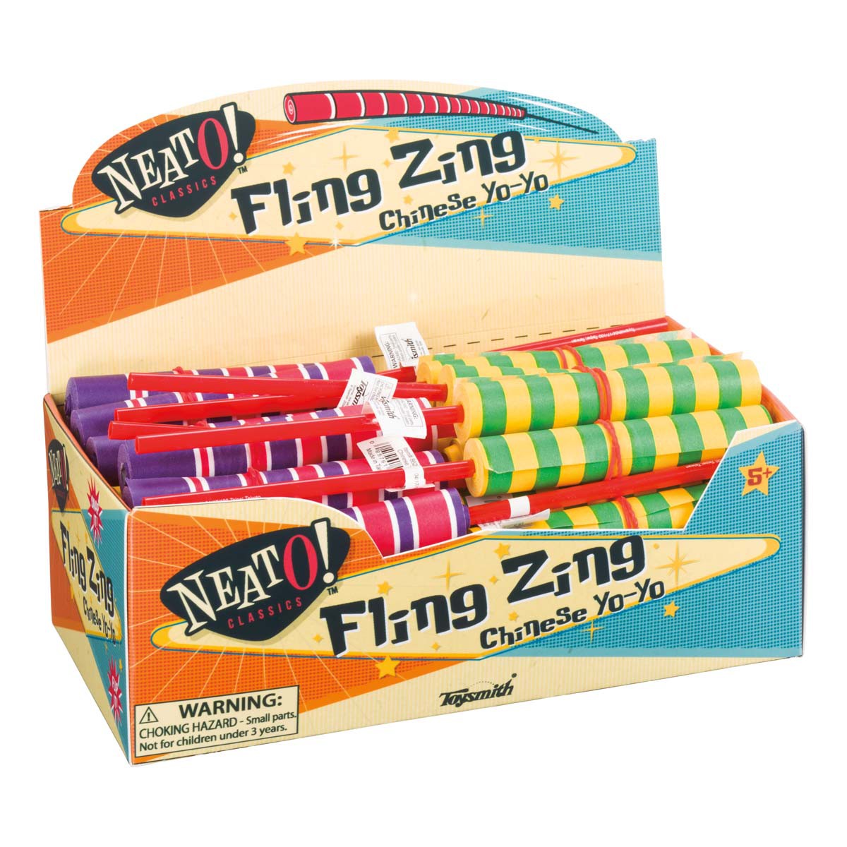A Neato! Fling Zing display box holds colorful striped paper yo-yos with red, yellow, green, and purple plastic handles. The box front warns about choking hazards. Brand: Neato!.