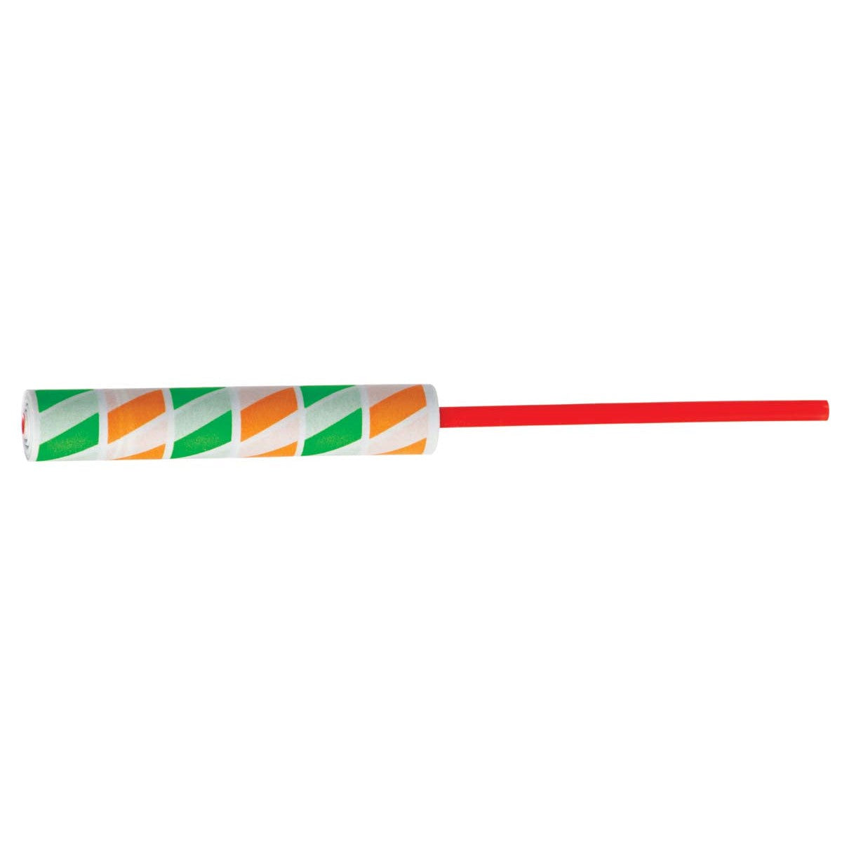 The Neato! Fling Zing by Neato! is a single party blower with a white body, orange and green stripes, and a red mouthpiece—an energetic toy perfect for celebrations. Shown isolated on a white background.
