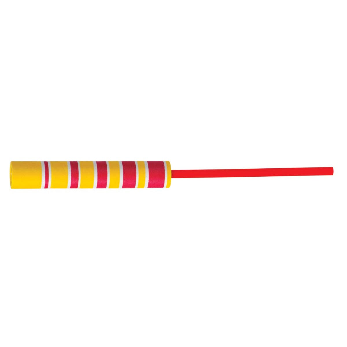 The Neato! Fling Zing by Neato! is a vibrant party blower with a yellow and pink striped mouthpiece and a red paper tube—perfect for bringing excitement to any celebration.