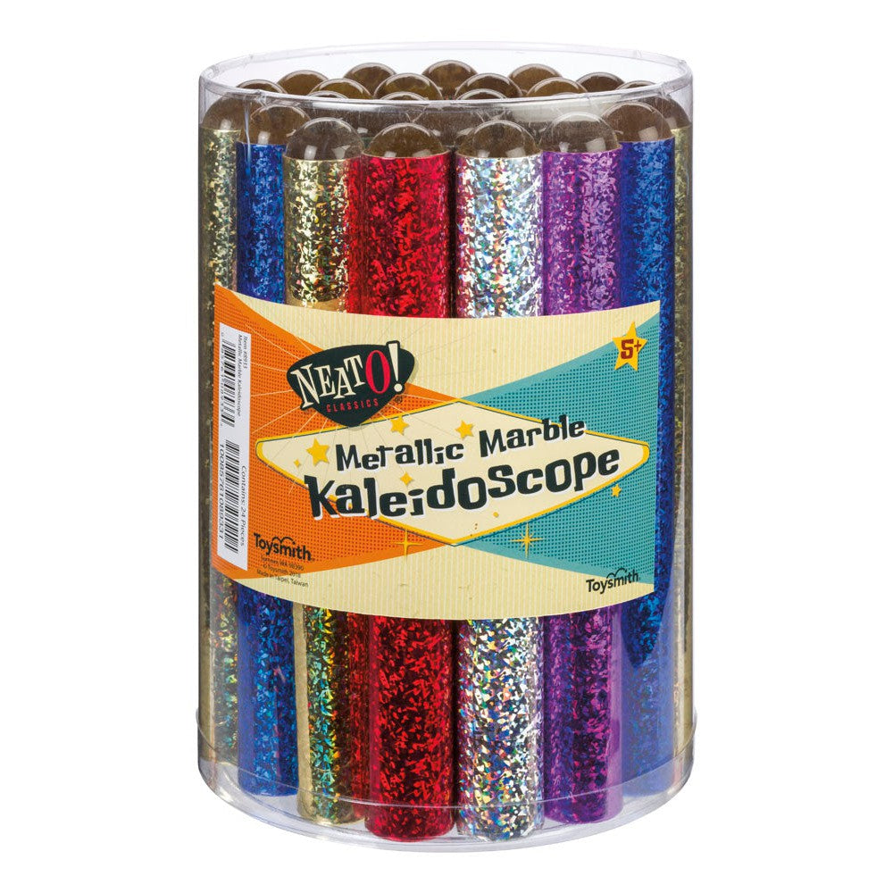 Neato!’s Metallic Marble Kaleidoscopes are shown in a clear plastic container, featuring vibrant colors like red, blue, purple, and silver. The label highlights reflective mirrors and suitability for ages 5+.