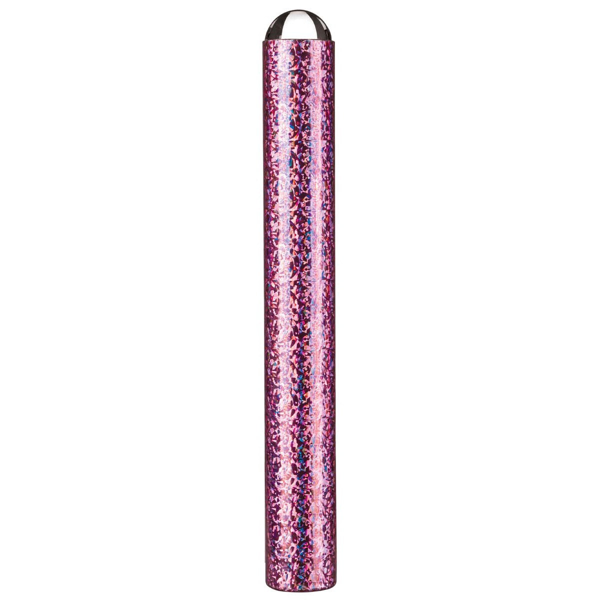 The Neato! Metallic Marble Kaleidoscopes are tall, cylindrical gift wrap tubes in shiny pink and purple holographic foil with a black handle, featuring reflective mirrors for a classic toy-inspired design.