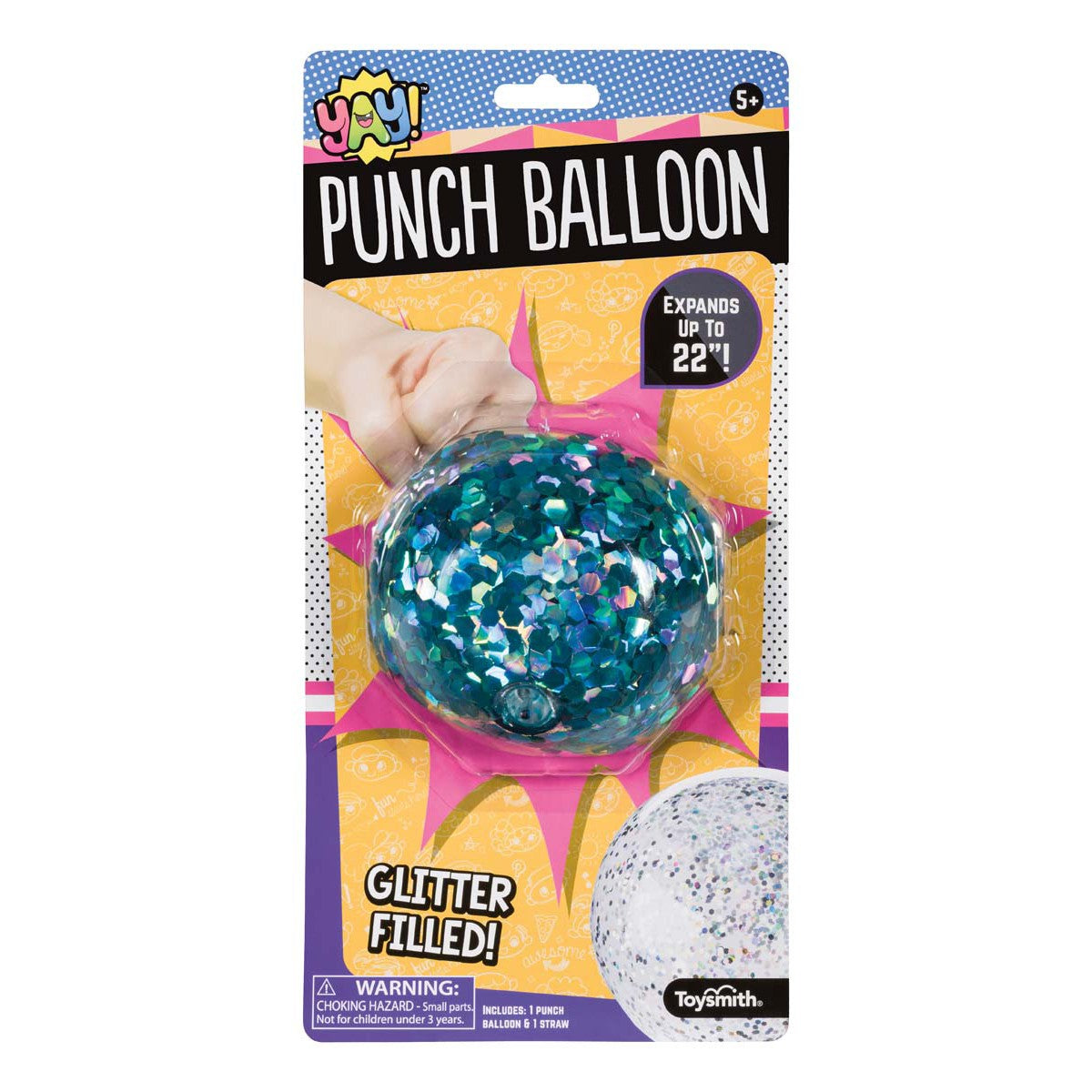 A YAY! Glitter Punch Balloon filled with blue glitter, held by its elastic band. Packaging says "YAY! Glitter Punch Balloons," "Expands up to 22 inches!", and "Glitter Filled!" Great for active play, ages 5+.