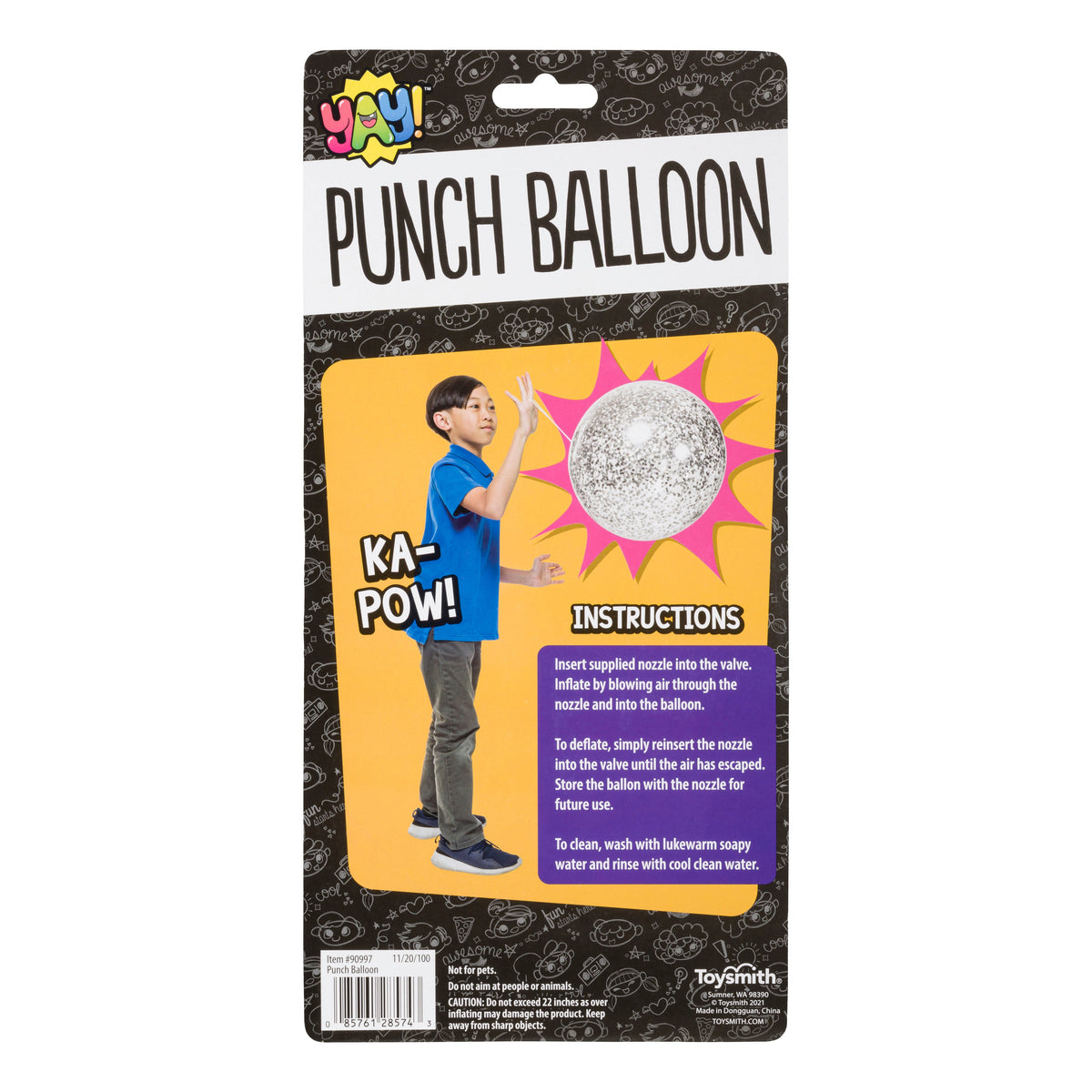 The YAY! Glitter Punch Balloons package shows a boy punching a silver balloon with "KA-POW!" text, includes an elastic band for active play, and has inflate, deflate, and clean instructions on a black-and-white illustrated background.