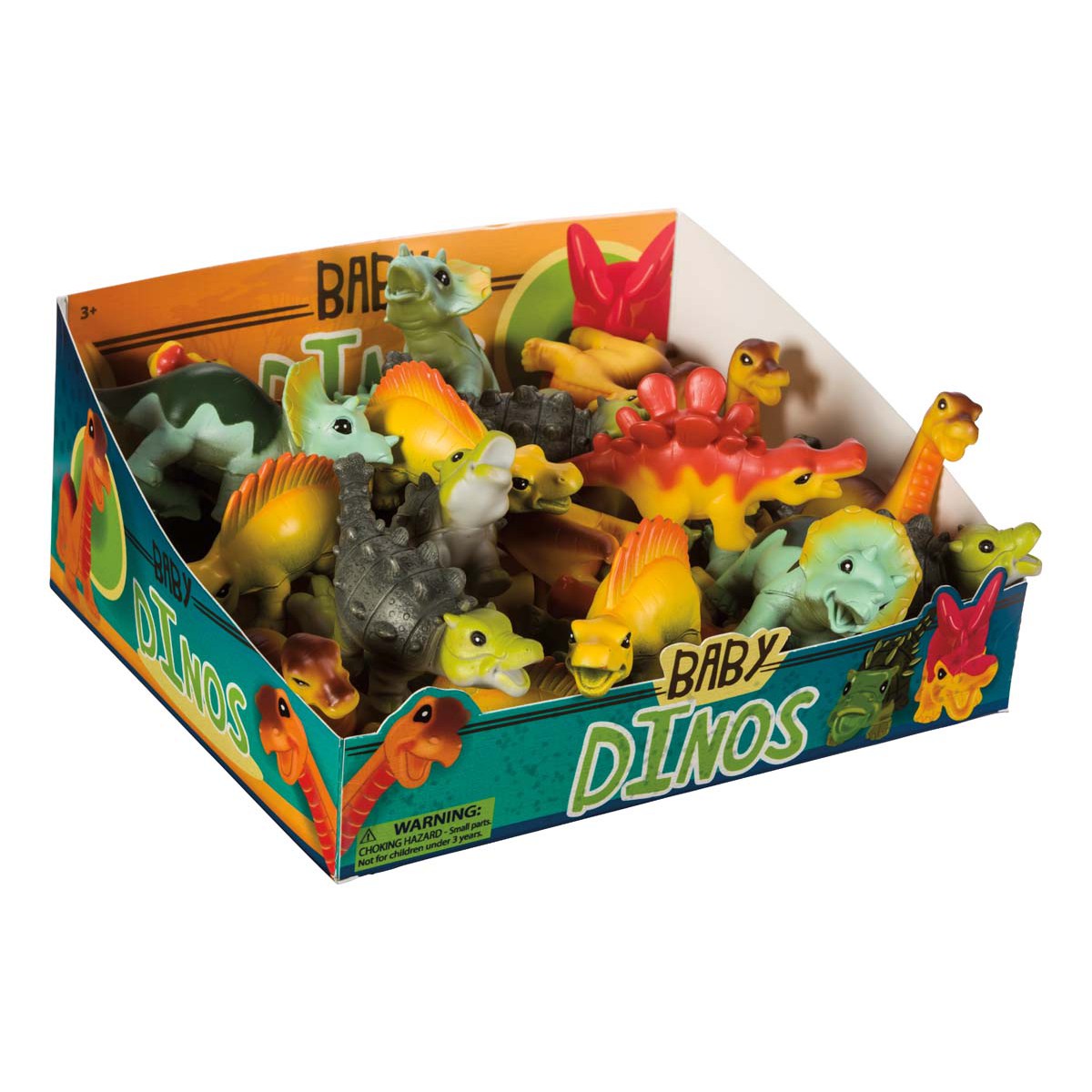 The Toysmith Baby Dinos box from Toysmith contains assorted small rubber dinosaurs in various shapes, sizes, and colors—ideal for sensory play and display.