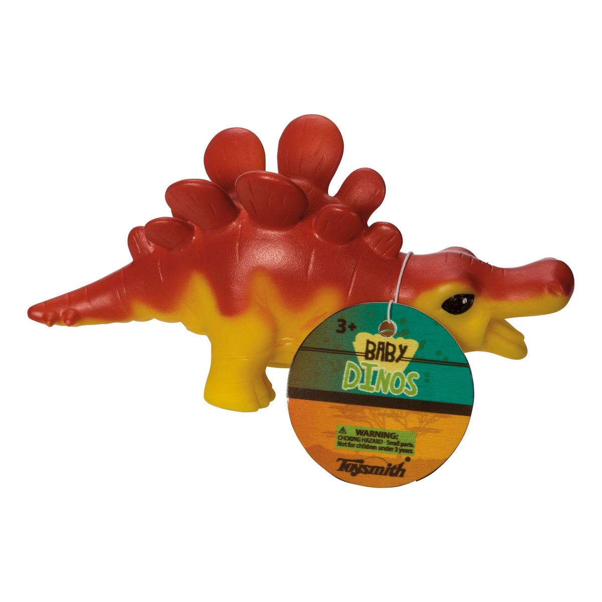 The Toysmith Baby Dinos by Toysmith is a red and yellow stegosaurus with a round Baby Dinos tag, designed for sensory play for kids ages 3+.