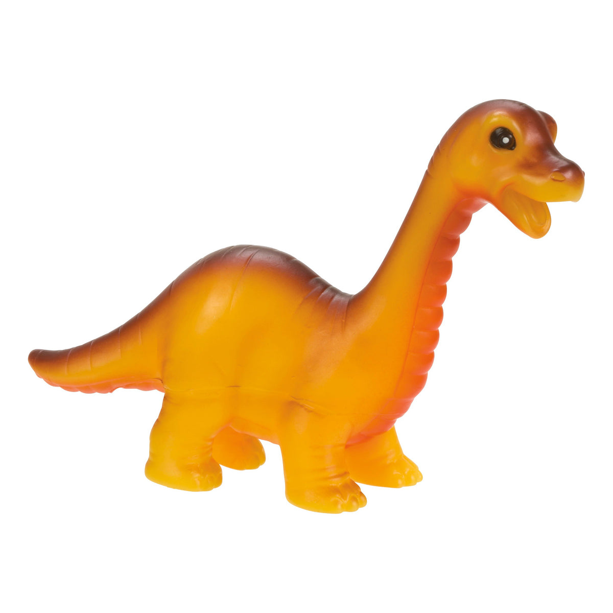 The Toysmith Baby Dinos by Toysmith is a yellow and orange rubber Brachiosaurus toy with a long neck, small head, and four legs—ideal for sensory play or as part of your mini dinosaur collection. Shown on a white background.