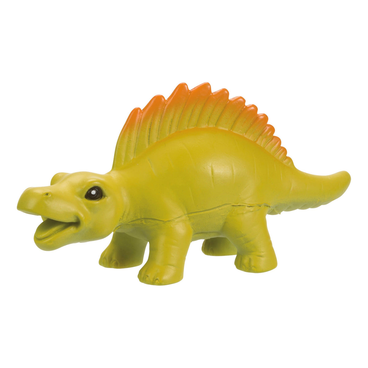 The Toysmith Baby Dinos by Toysmith is a yellow cartoon Stegosaurus toy with orange-tipped back plates, four legs, a long tail, and open mouth—ideal for sensory play and mini dinosaur adventures.