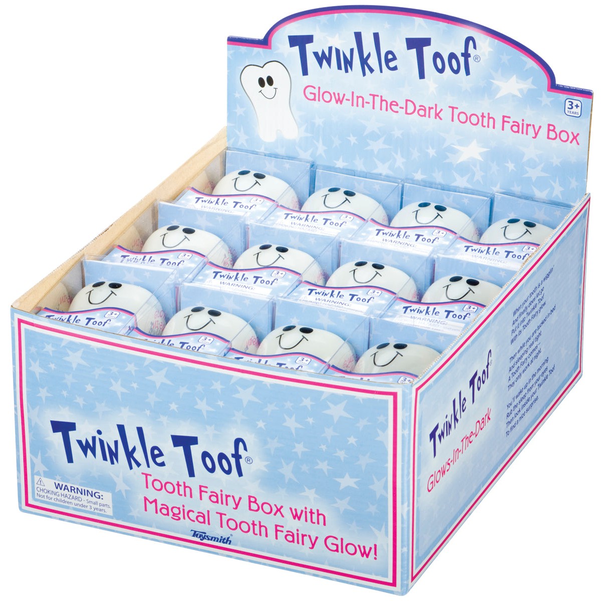 The Toysmith Twinkle Toof display box features starry, smiling tooth designs and highlights a glow-in-the-dark tooth keeper. Specially designed for children, this fun keepsake makes lost teeth extra magical.