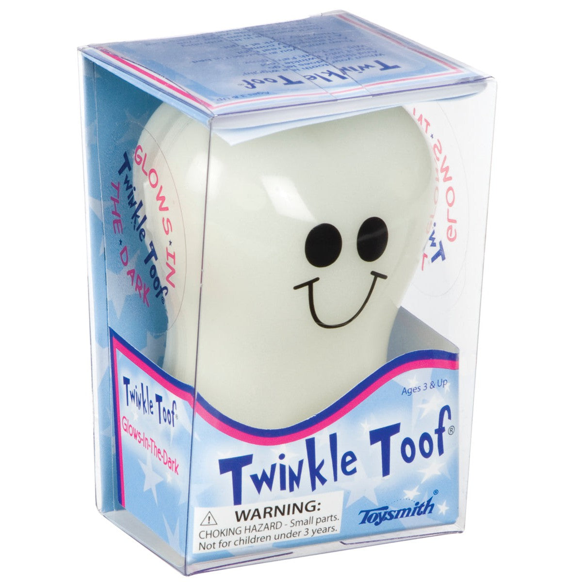 The Toysmith Twinkle Toof is a smiling, tooth-shaped glow-in-the-dark tooth keeper in clear packaging. This Tooth Fairy keepsake box by Toysmith includes a small parts warning and is recommended for children ages 3 and up.