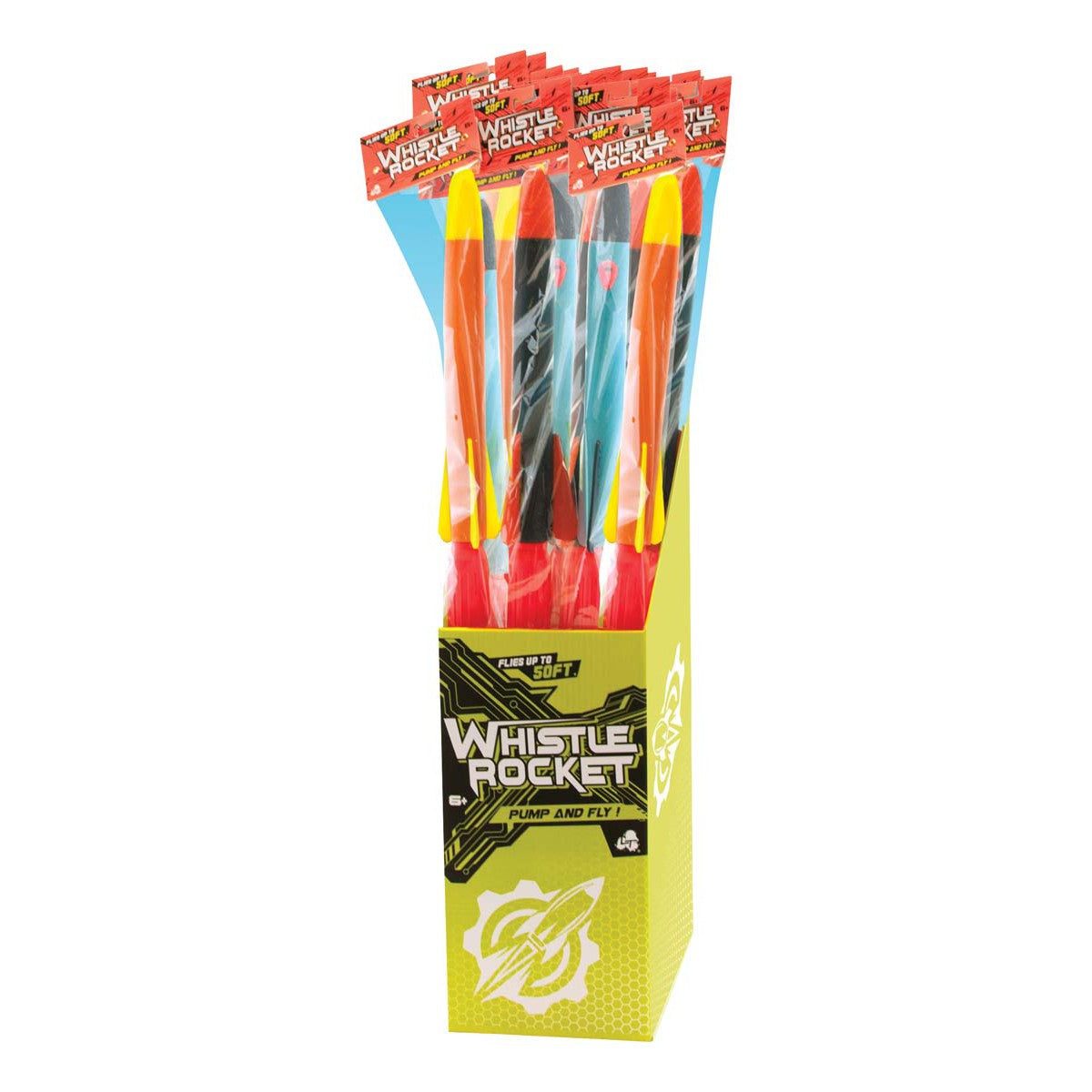 A display box of Lanard Whistle Rocket by Lanard—colorful foam pump rockets in red, blue, and yellow packaging labeled "Whistle Rocket Pump and Fly,” the perfect outdoor toy for endless fun.