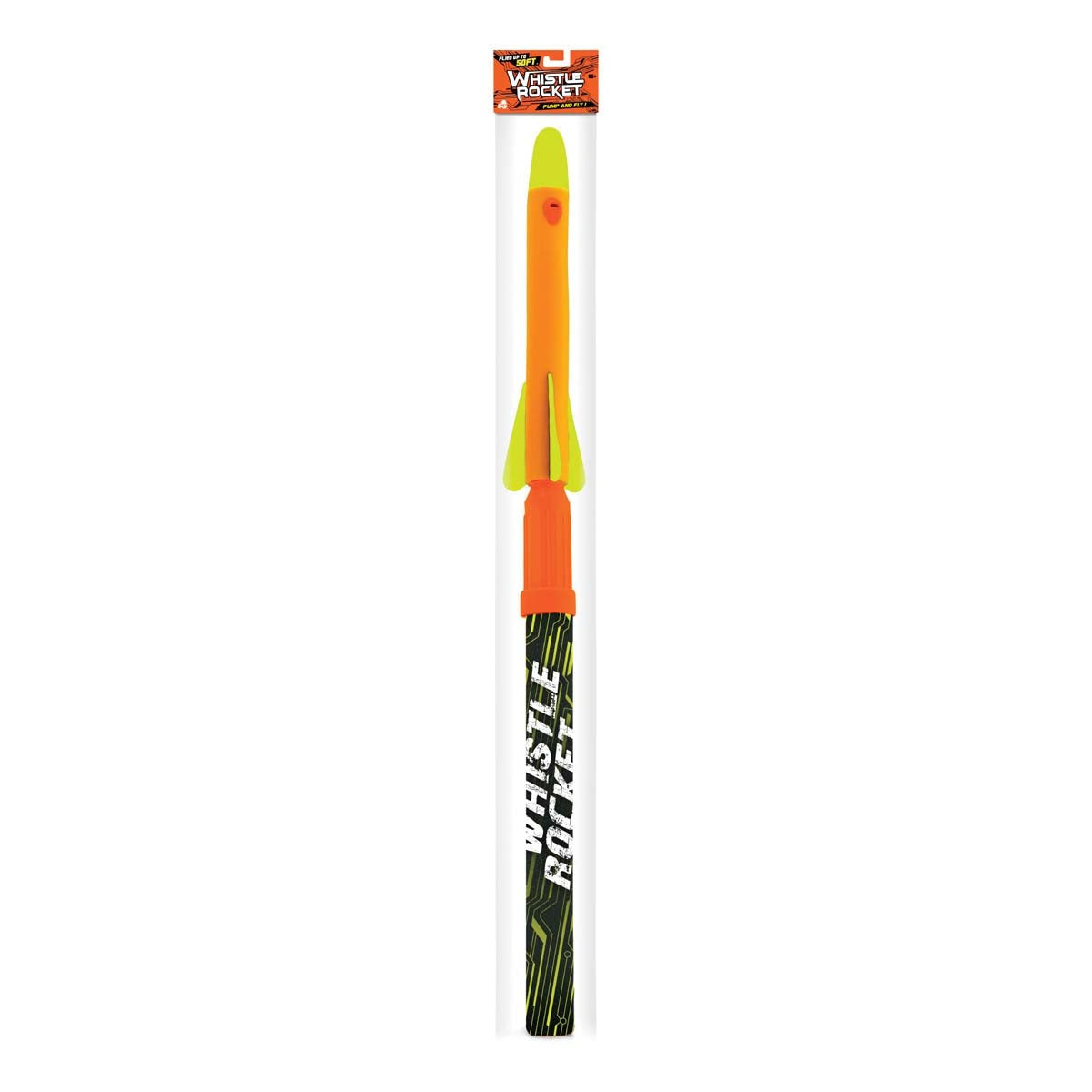 The Lanard Whistle Rocket by Lanard is a long, colorful orange and yellow pump rocket toy with fins, shown in its packaging featuring bold white text on a black background near the bottom.