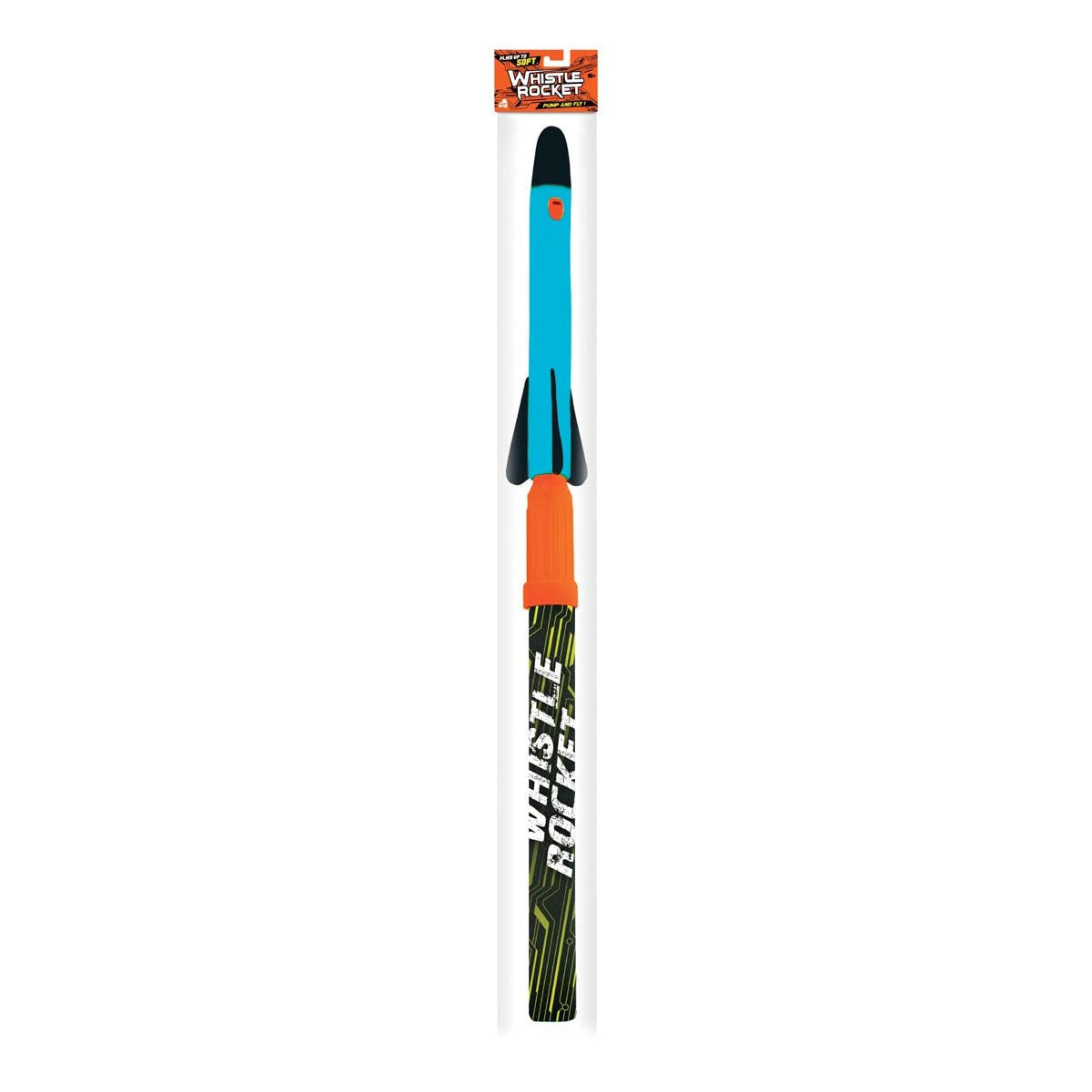 The Lanard Whistle Rocket by Lanard features a blue body, black fins, and an orange tip. Packaged in a colorful tube labeled "Whistle Rocket," it’s perfect for outdoor launch play.