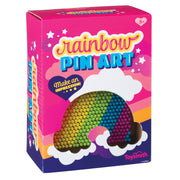 The Toysmith Rainbow Pin Art is a 3D pin art toy with multicolored pins in a vibrant box featuring clouds, stars, and a pink background. Suitable for ages 8+, this tactile toy comes from the Toysmith brand.