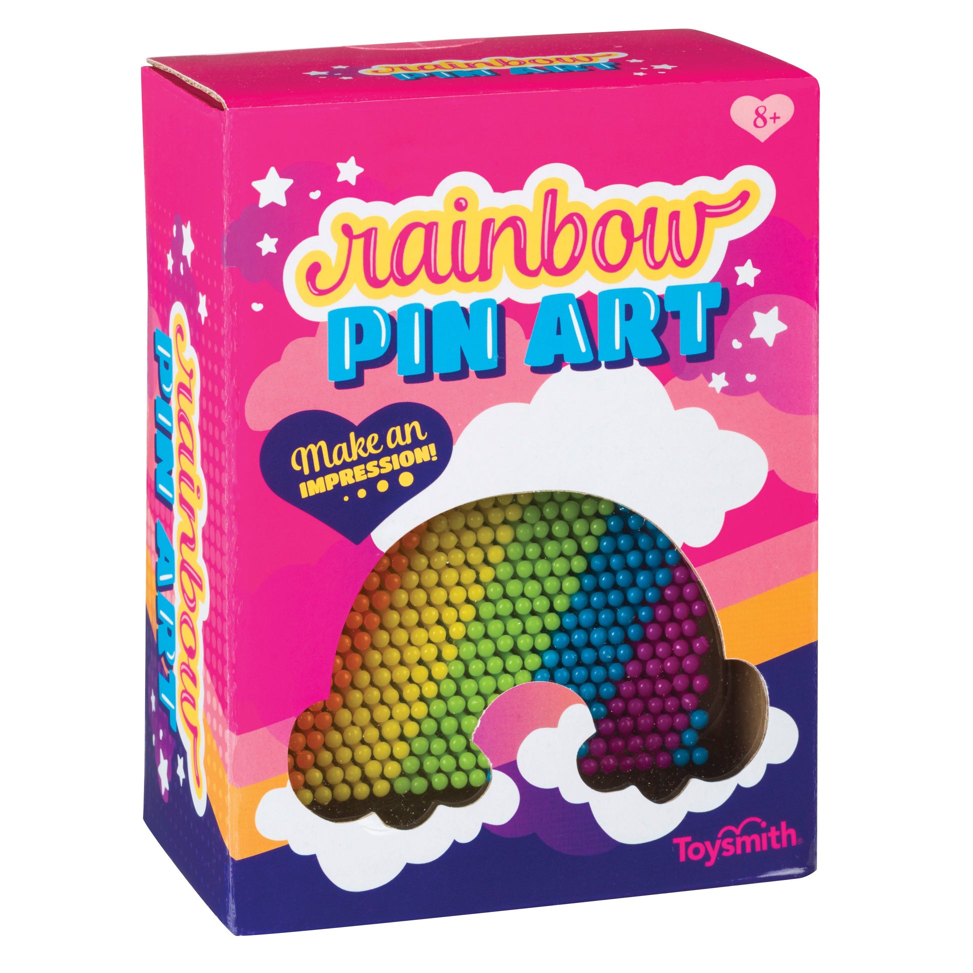 The Toysmith Rainbow Pin Art is a 3D pin art toy with multicolored pins in a vibrant box featuring clouds, stars, and a pink background. Suitable for ages 8+, this tactile toy comes from the Toysmith brand.