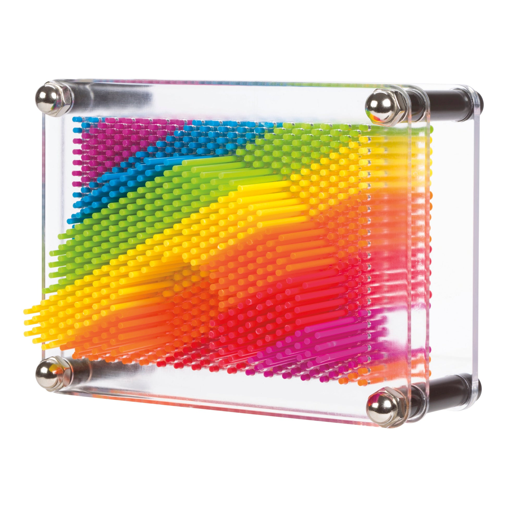The Toysmith Rainbow Pin Art by Toysmith is a tactile 3D toy with a clear plastic frame and vibrant, multi-colored pins that create striking rainbow patterns.