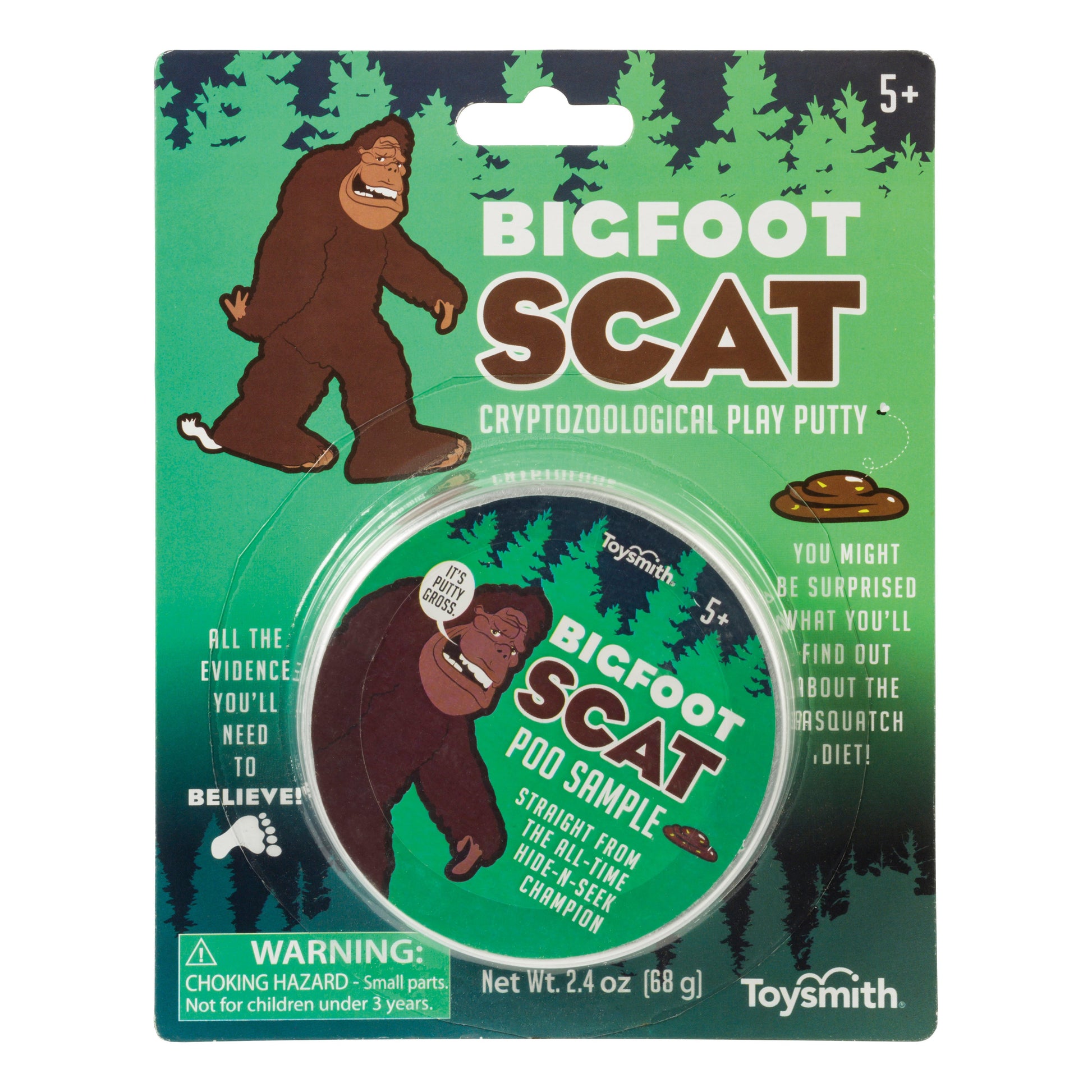 Toysmith Bigfoot Scat by Toysmith is a playful fake poop toy packaged in a round container with cartoon Bigfoot art. The green box features trees, safety warnings, an age recommendation, and fun text.