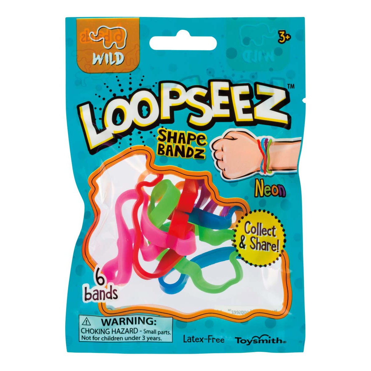 Toysmith Loopseez Asst 1 features six neon rubber bands in assorted shapes. These flexible, latex-free bracelets double as fidget toys. Blue packaging is labeled for ages 3+ and includes a choking hazard warning.
