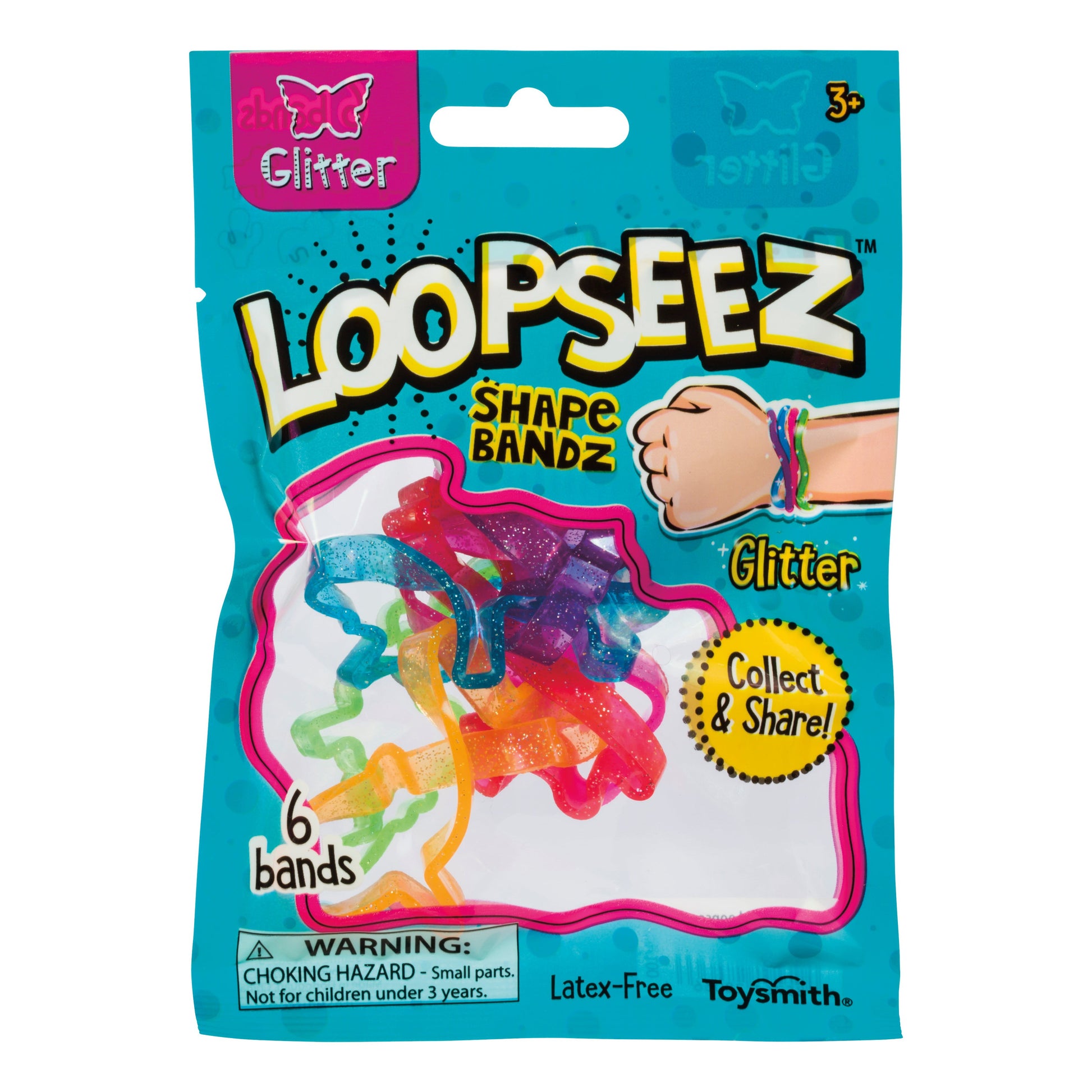 A blue package of Toysmith Loopseez Asst 1 includes 6 colorful, glittery loop bracelets for ages 3+, latex-free, and labeled with a choking hazard warning—fun flexible fidget toys perfect for little hands.