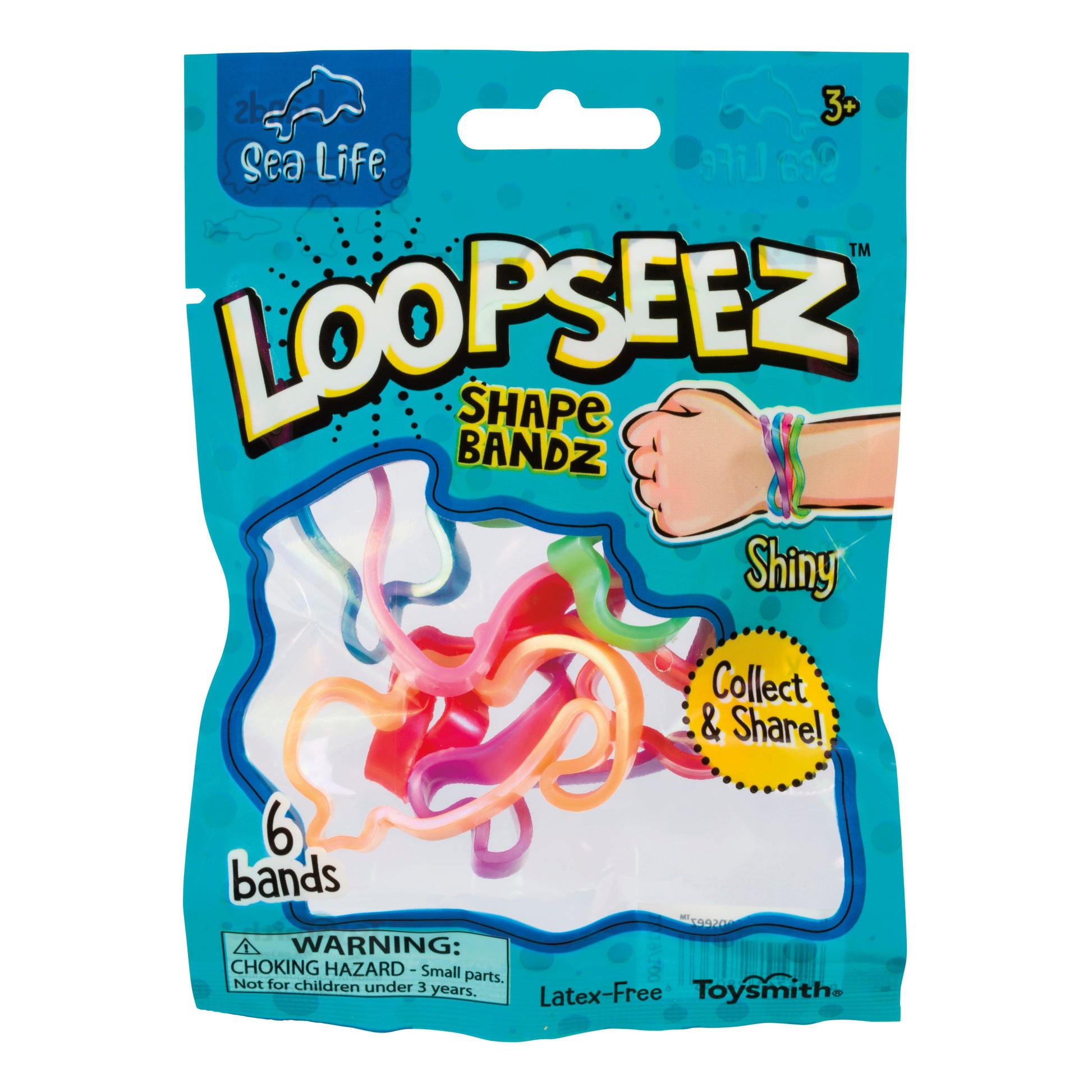 Toysmith Loopseez Asst 1 includes six colorful, shiny twisted silicone bands in blue packaging. Wear as flexible bracelets, collect and share! Great fidget toys for ages 3+.