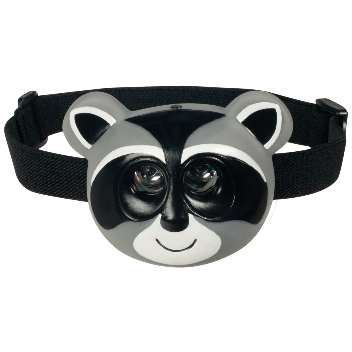The Outdoor Discovery Critter Head Lamp for kids features a smiling raccoon face with black and gray details, two ears, adjustable straps, and LED lenses that light up as eyes—perfect for bright, playful adventures!.