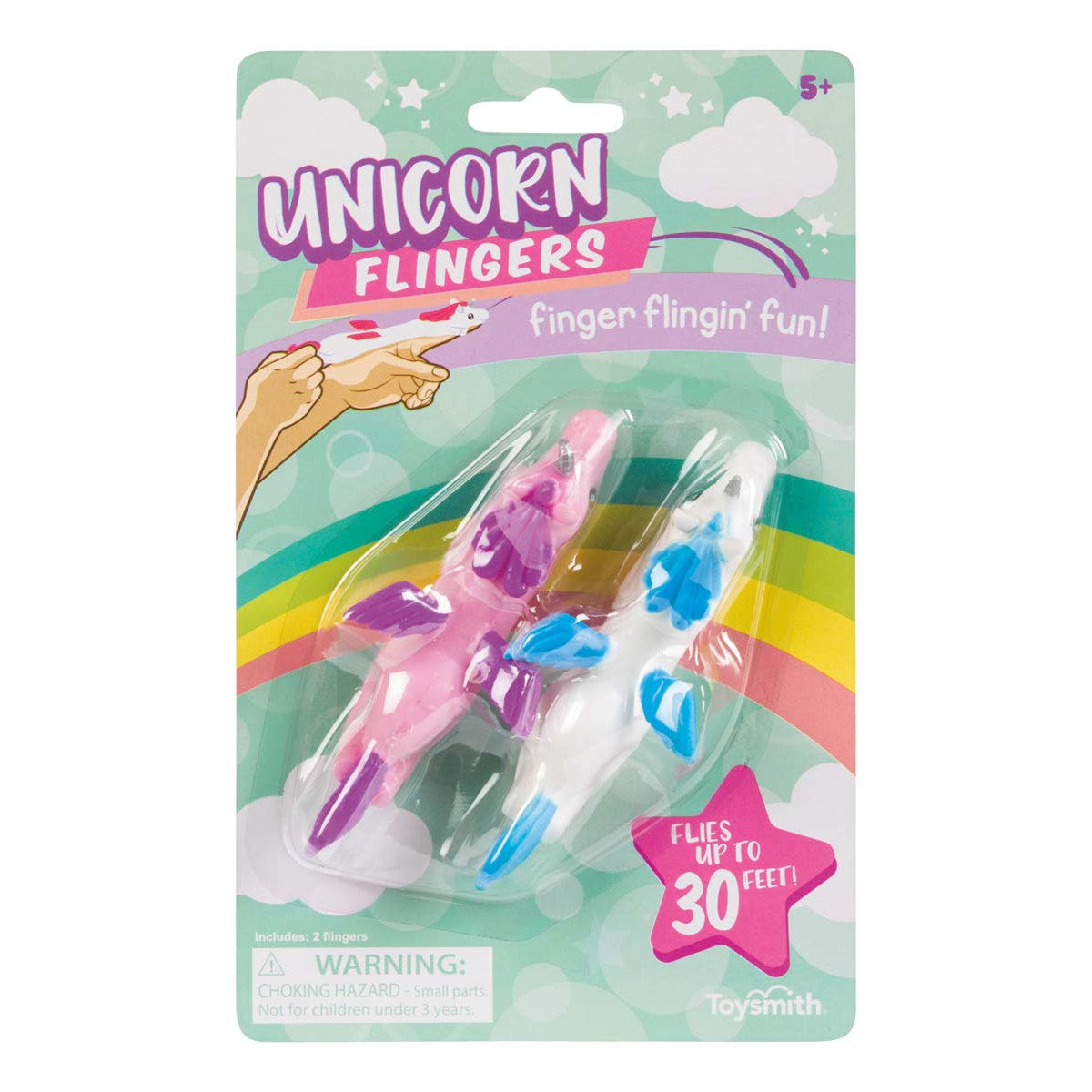 The Toysmith Unicorn Flingers by Toysmith includes two stretchy unicorn finger toys—pink and white—in rainbow packaging. Text reads: Finger flingin’ fun! Flies up to 30 feet! Perfect for kids ages 5+.