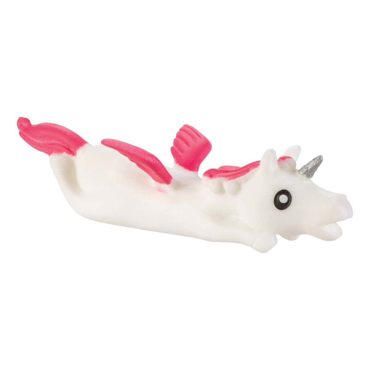 The Toysmith Unicorn Flingers by Toysmith is a small white unicorn with pink wings, mane, tail, and silver horn—perfect as a playful finger toy for kids or to add to your Unicorn Flingers collection.