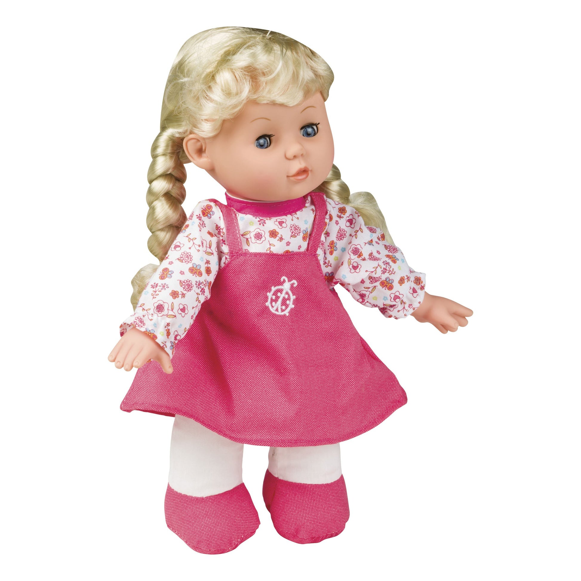 The My Sweet Baby 12in Soft Doll features blonde pigtails, a pink dress over a floral long-sleeve shirt, white tights, and pink shoes—perfect for cuddle time or pretend play.