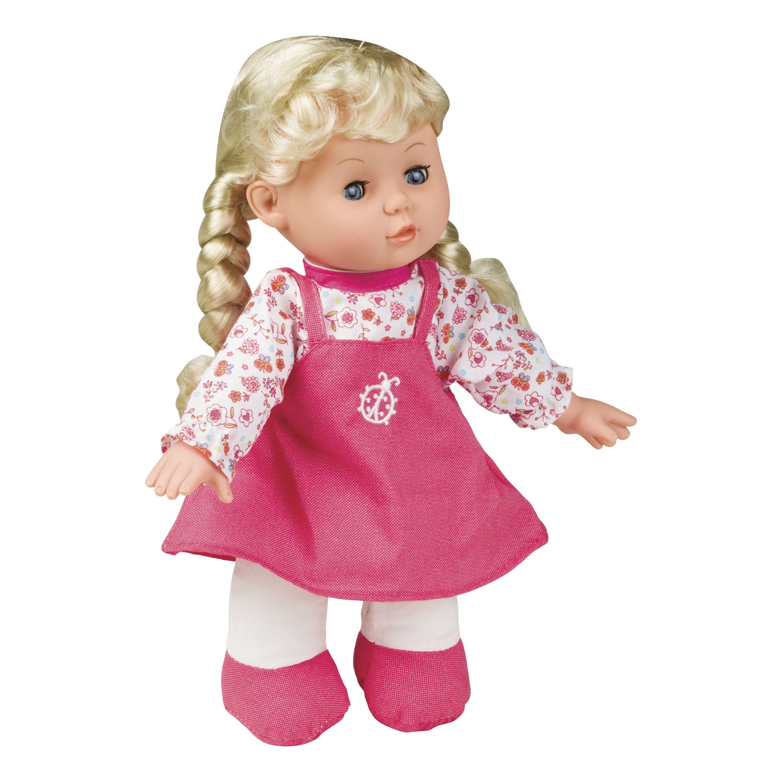 The My Sweet Baby 12in Soft Doll features blonde pigtails, a pink dress over a floral long-sleeve shirt, white tights, and pink shoes—perfect for cuddle time or pretend play.