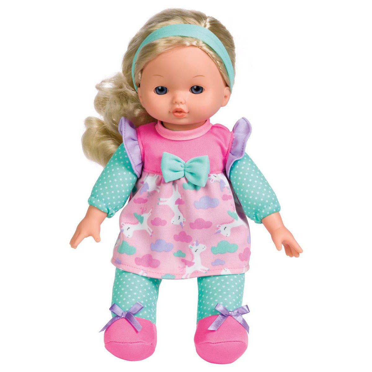 The My Sweet Baby 12in Soft Doll, by My Sweet Baby, has blonde hair, a blue headband, a pink and blue cloud-and-unicorn dress, turquoise polka-dot leggings, and pink shoes with purple bows—ideal for pretend play.