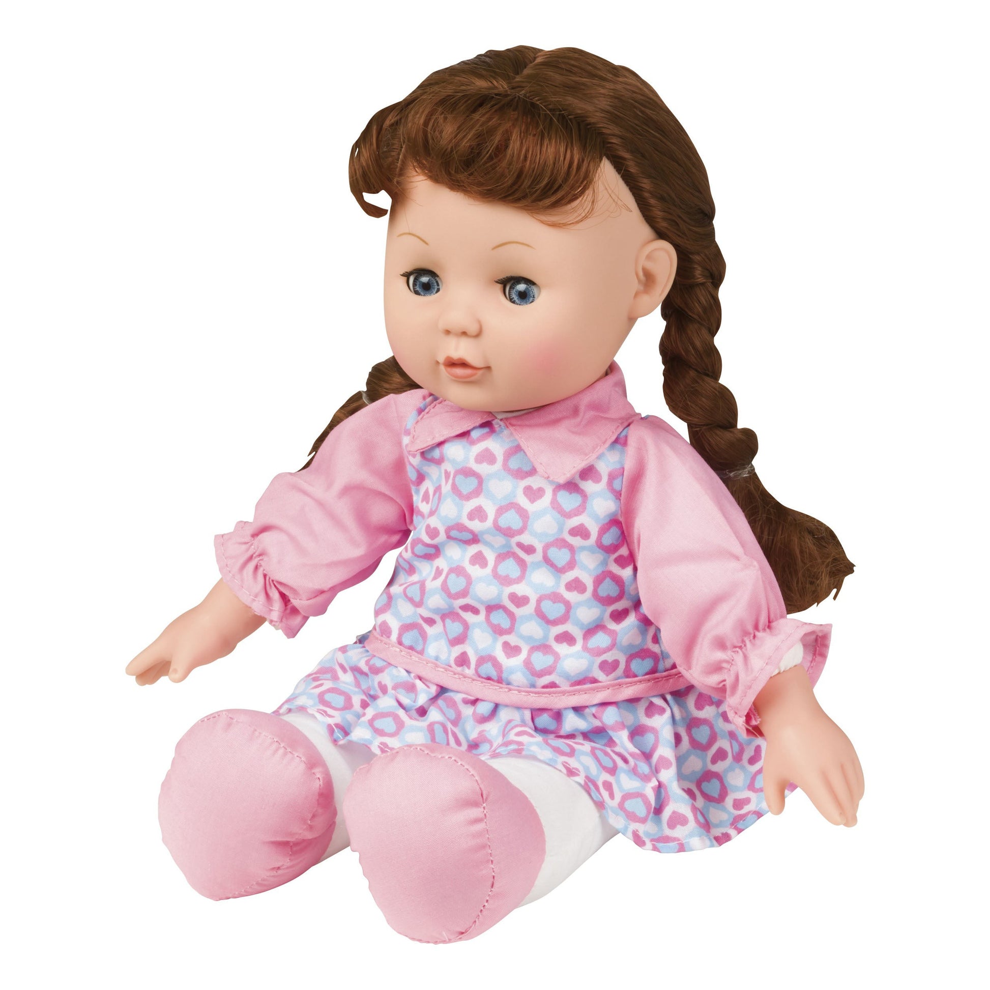 The My Sweet Baby 12in Soft Doll features brown braided hair, blue eyes, a heart-patterned pink and purple dress, white leggings, and pink shoes—perfect for pretend play.