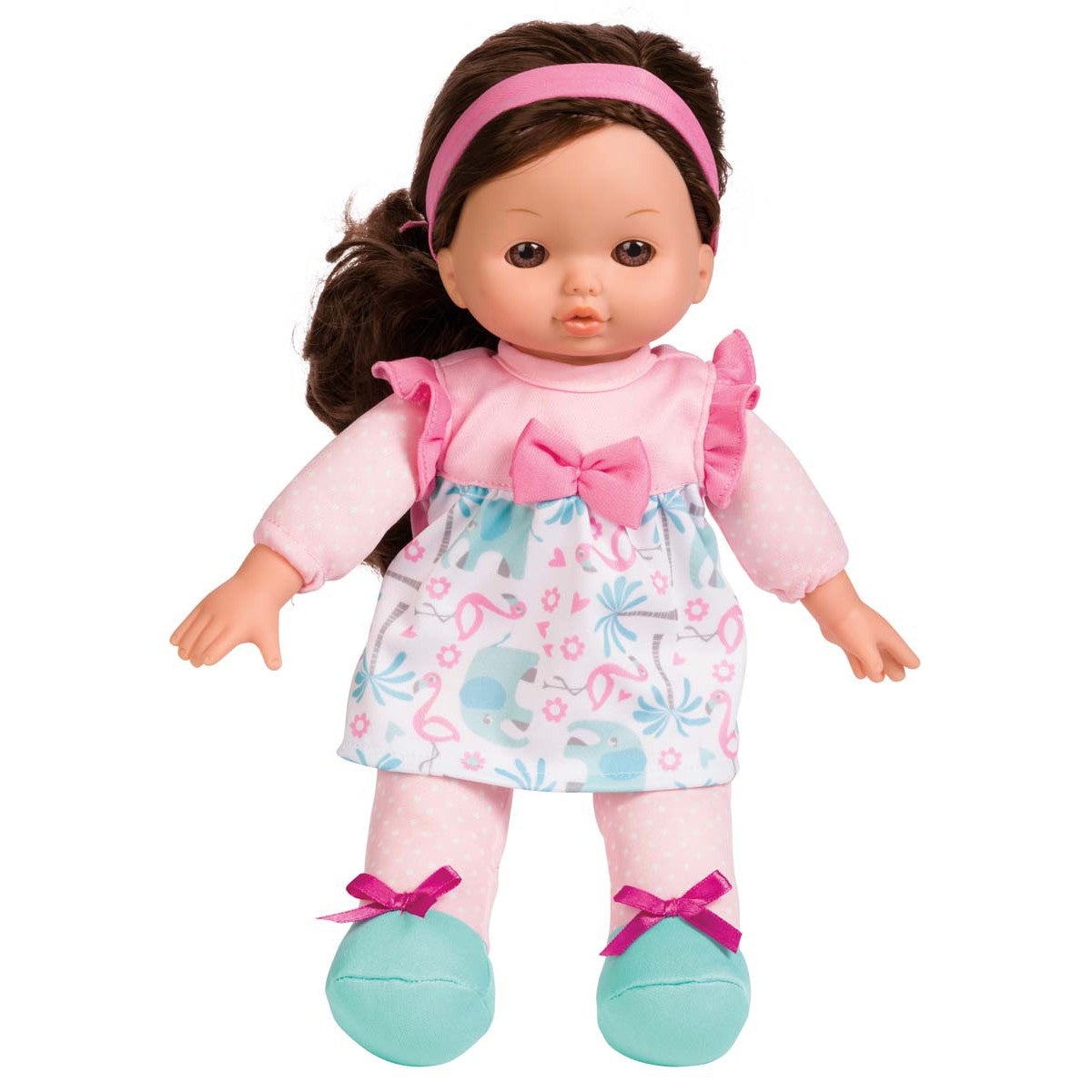 The My Sweet Baby 12in Soft Doll by My Sweet Baby features long brown hair, a pink headband, pink and white animal-print dress, pink sleeves, and teal shoes with pink bows—ideal for imaginative play.