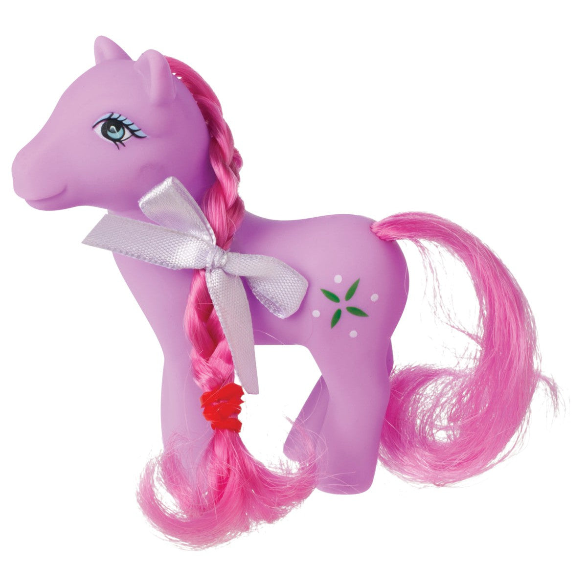 The Toysmith Farm Fresh Precious Ponies is a small purple toy pony with a long pink mane and tail, white ribbon, red flower bead, green and white side markings, and a friendly look—perfect for imaginative play.