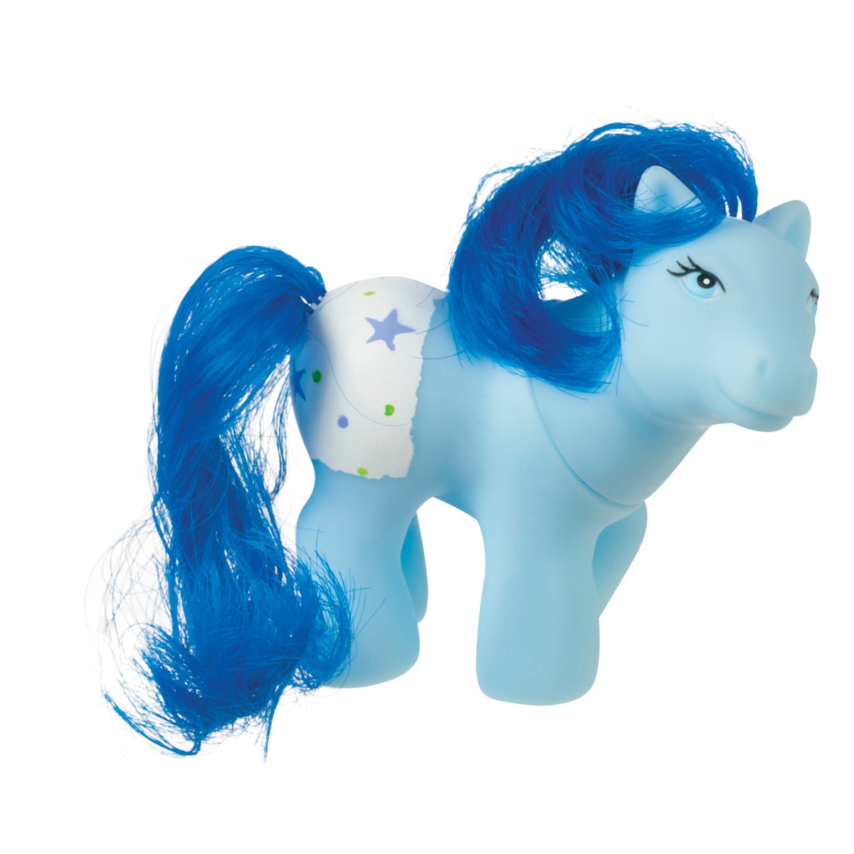The Toysmith Farm Fresh Precious Ponies toy is a light blue pony with long, wavy blue hair and tail, decorated with purple, blue, and green stars and dots on its side. It stands upright facing right for imaginative play.