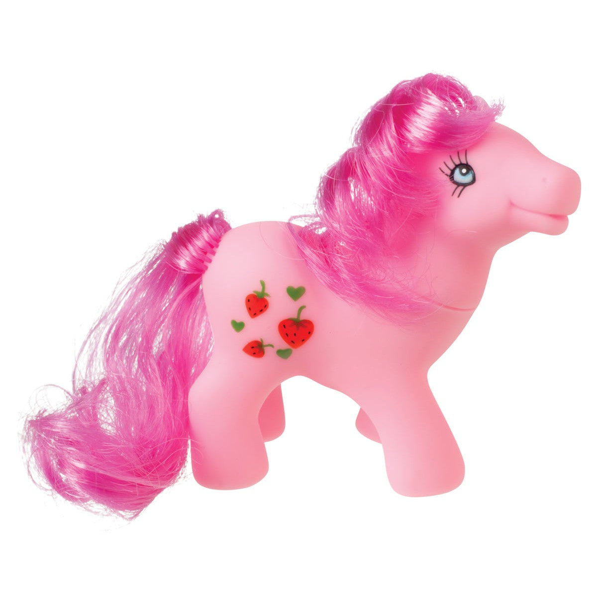 The Toysmith Farm Fresh Precious Ponies features a pink pony with a bright pink mane and tail, decorated with red strawberries. With big eyes, long lashes, and a cheerful look, it’s perfect for imaginative play.