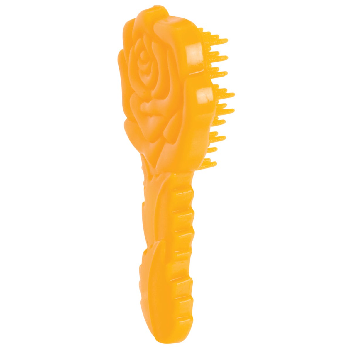 A yellow plastic hairbrush shaped like a rose, with a textured grip and flexible bristles—ideal for styling accessories from your Toysmith Farm Fresh Horse Family Set.
