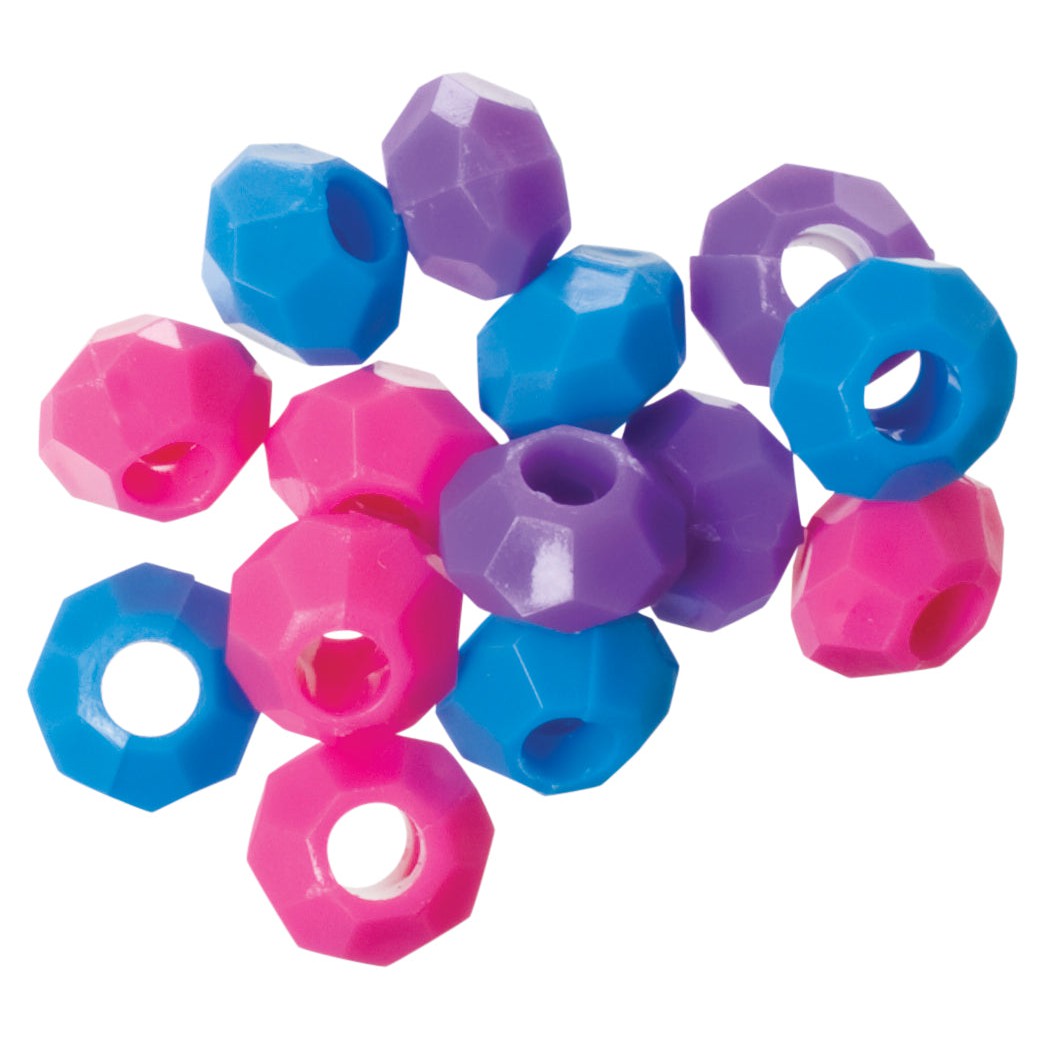 A scattered pile of colorful, faceted plastic beads in blue, purple, and pink—ideal accessories for the Toysmith Farm Fresh Horse Family Set—with large center holes, displayed on a white background.