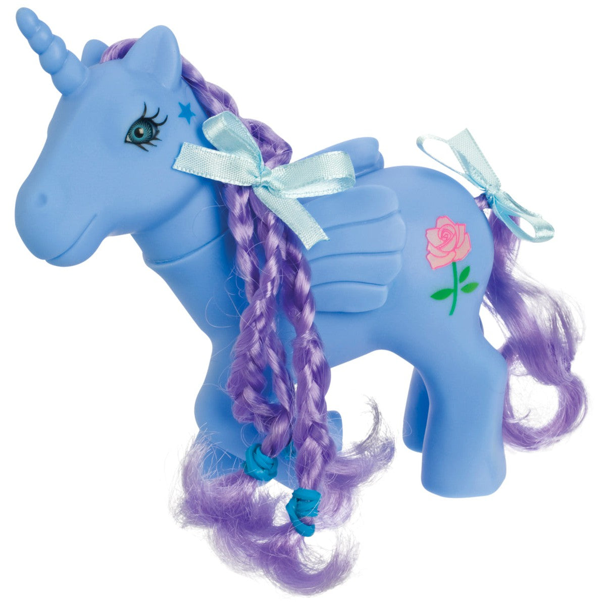 The Toysmith Farm Fresh Horse Family Set features a blue unicorn with purple braided hair, blue ribbon bows, blue wings, a pink rose on its side, a star near its eye, and a friendly look. Part of the pony family set.