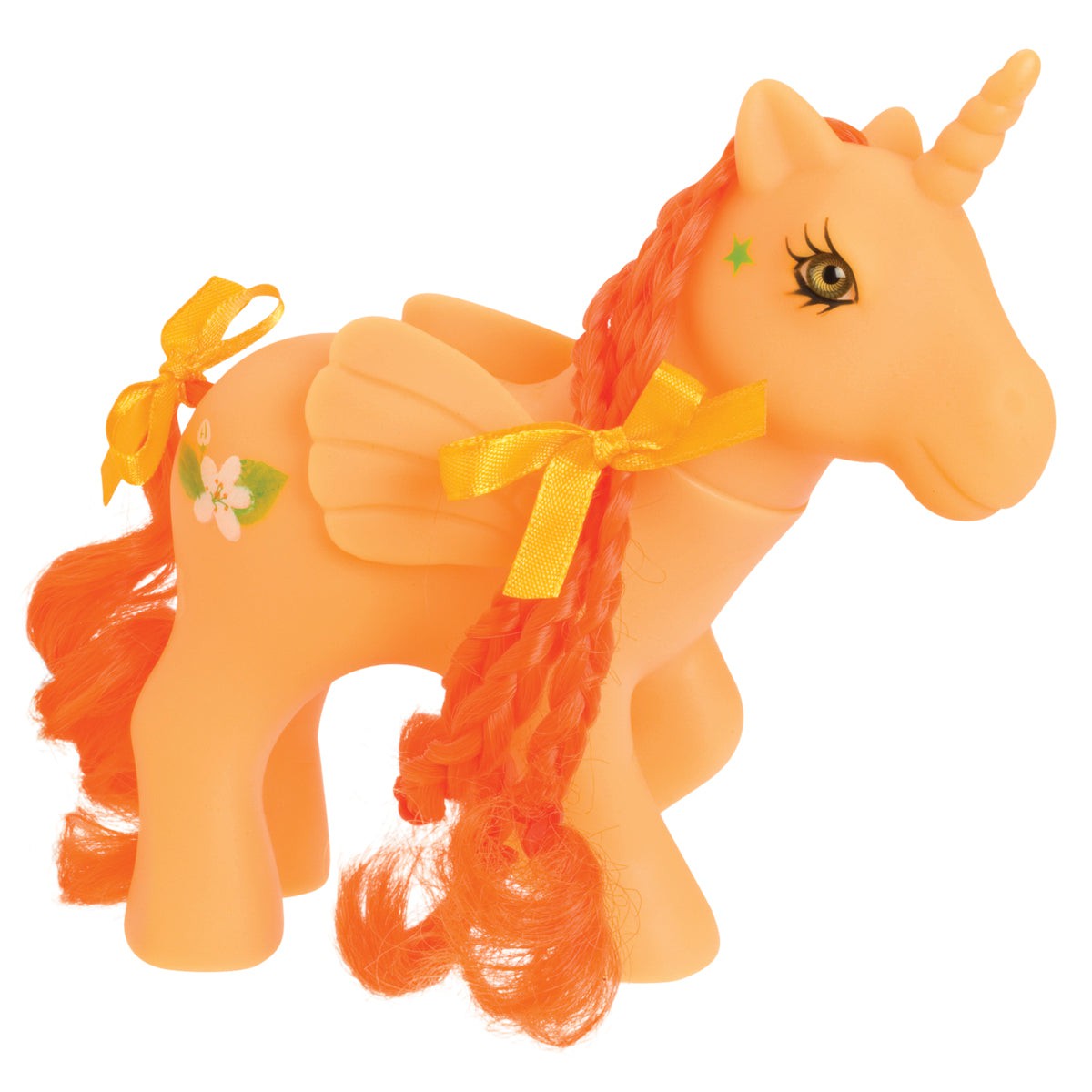 The Toysmith Farm Fresh Horse Family Set features an orange toy unicorn with braided orange mane and tail, yellow bows, green star by its eye, flower detail, and small wings—perfect for unicorn fans and a great addition to any Pony family collection.