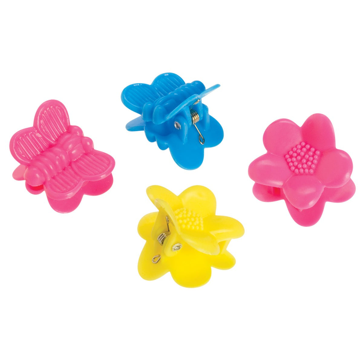 Four colorful plastic hair clips—two flower-shaped (pink and yellow) and two butterfly-shaped (pink and blue)—are playful accessories, perfect for adding charm to the Toysmith Farm Fresh Horse Family Set.